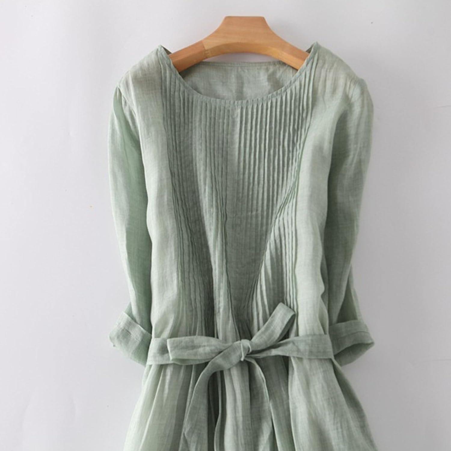 Women's 3/4 Sleeve Cotton Linen Dress Bohemian Long Plain Classic Trendy Boho Dress with Belt