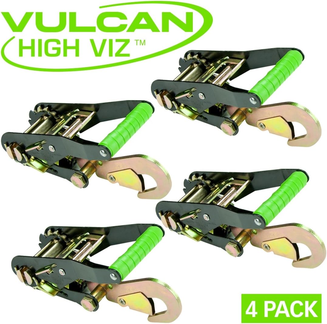 VULCAN Ratchet Buckle - Snap Hook - 2 Inch Wide Handle - High-Viz - 4 Pack - 3,300 Pound Safe Working Load