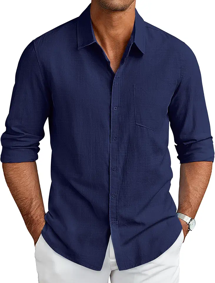 COOFANDY Men's Long Sleeve Button Down Shirts Casual Cotton Linen Shirts Summer Beach Shirt with Pocket