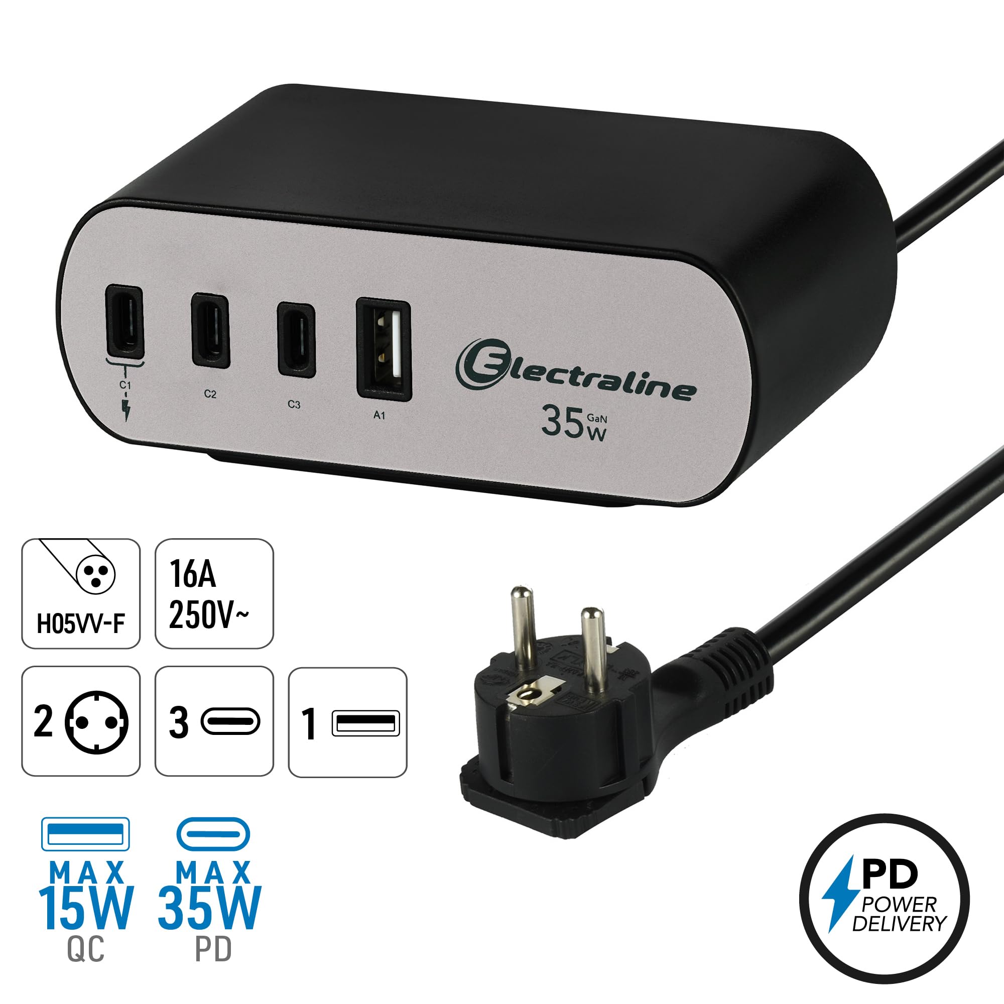 Electraline 62583 Electradock Bloc Multiprise Schuko 2 Voies + 4 Ports USB (1A + 3C PD35W) avec Câble de 2m, Multiprise Multiprise/Table