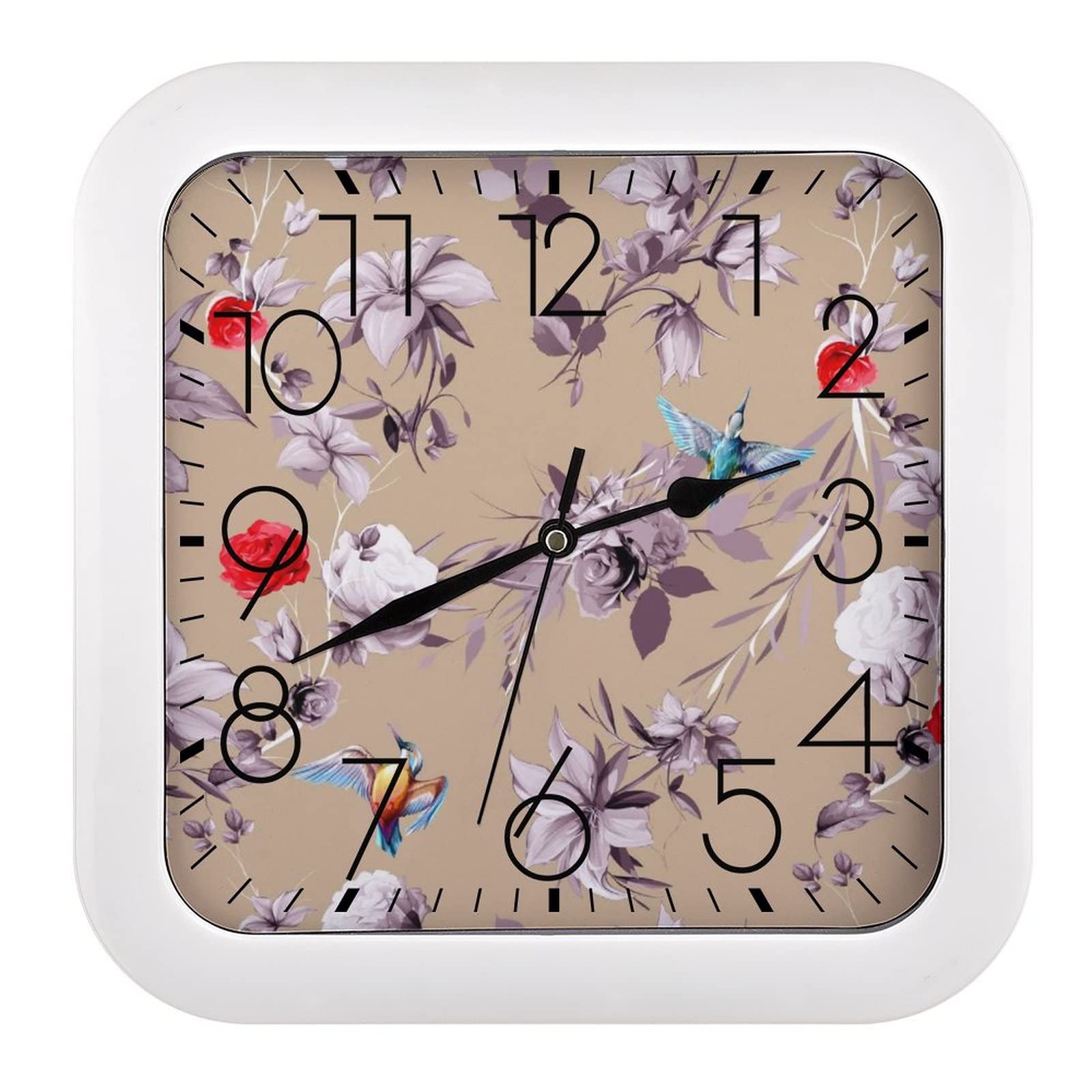 Pendule murale moderne oiseaux et fleurs silencieuse de 26x26cm pour décorer un bureau ou salon