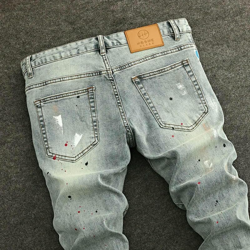 Street Men's Jeans Retro Washed Blue Stretch Slim Fit Ripped Jeans Men Painted Vintage Denim Pencil Pants4