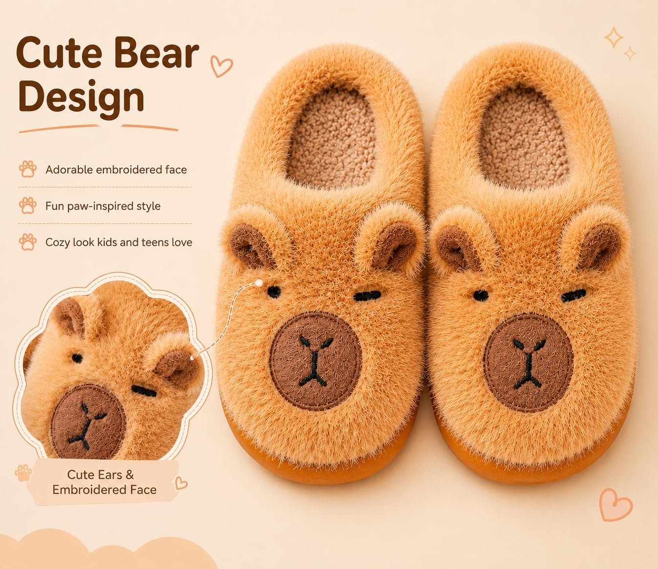 Kids Capybara Slippers, Cute Fuzzy Animal House Slippers for Toddler Boys Girls, Warm Non-Slip Plush Indoor Slippers, Soft Winter Bedroom Shoes for Kids