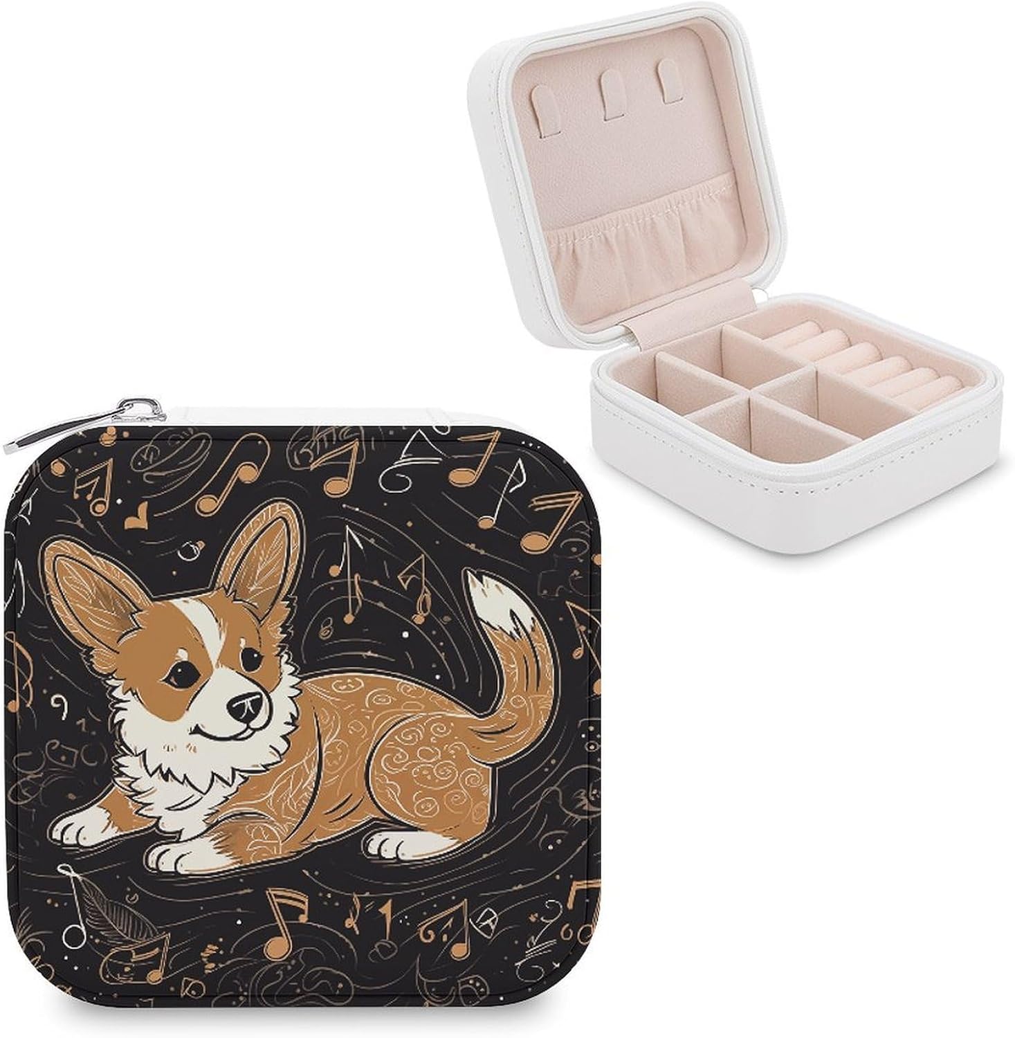 Corgi Who Loves Music Jewelry Box Personalized PU Jewelry Box Exquisite Jewelrys Organizer Case Small Portable Jewellery Storage Holder for Rings Earrings Necklaces Gifts