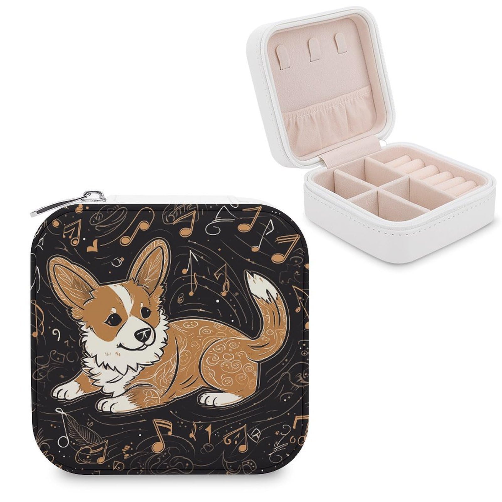 JTREHY Travel Corgi Who Loves Music Jewelry Case Portable Display Storage Box PU Leather Mini Jewelry Travel Case Personalized Travel Jewelry Organizer Small Jewelry Box for Women