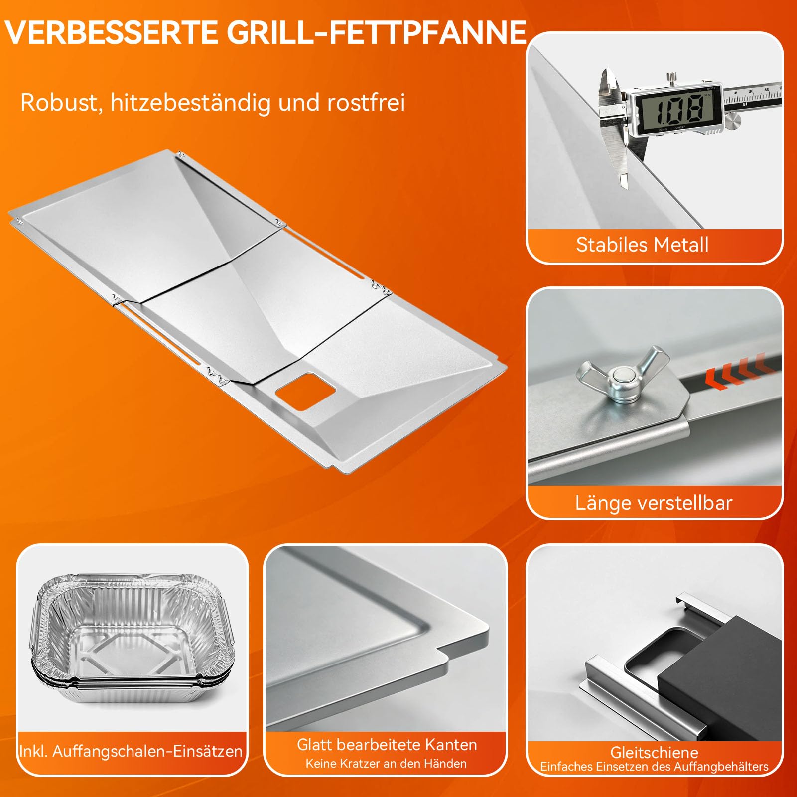 Universal Fettwanne mit Auffangwanne 60cm bis 80cm, Verstellbar Tropfpfanne für 3/4/5 Brenner Gasgrill von Charbroil, Dyna Glo, Nexgrill, Kenmore, Uniflame und mehr, Fettauffangschale