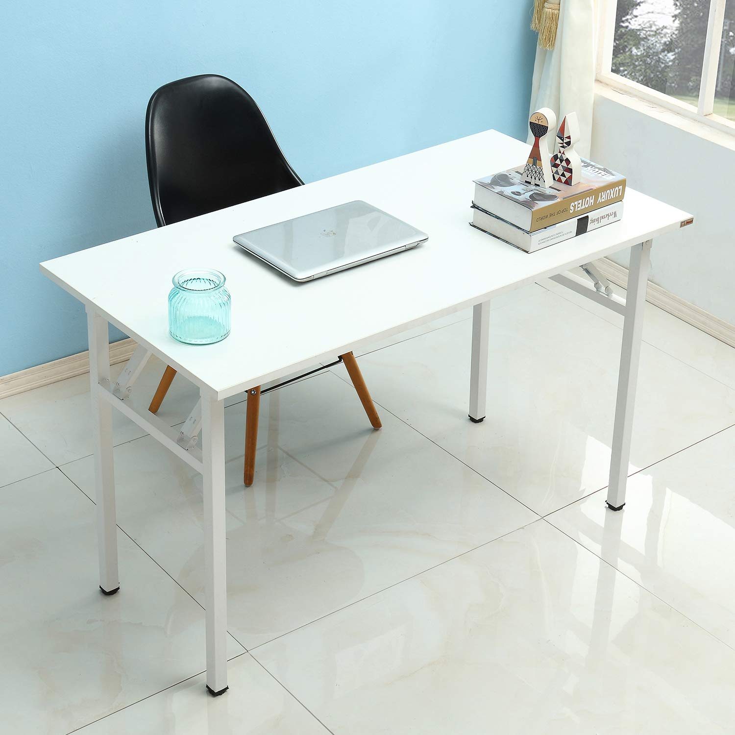 DlandHome Scrivania Casa e Ufficio, Pieghevole Salvaspazio 120 x 60cm, Tavolo da Lavoro o Studio per Computer o Laptop, Compatto e Robusto, Carico 136kg Max,Bianca
