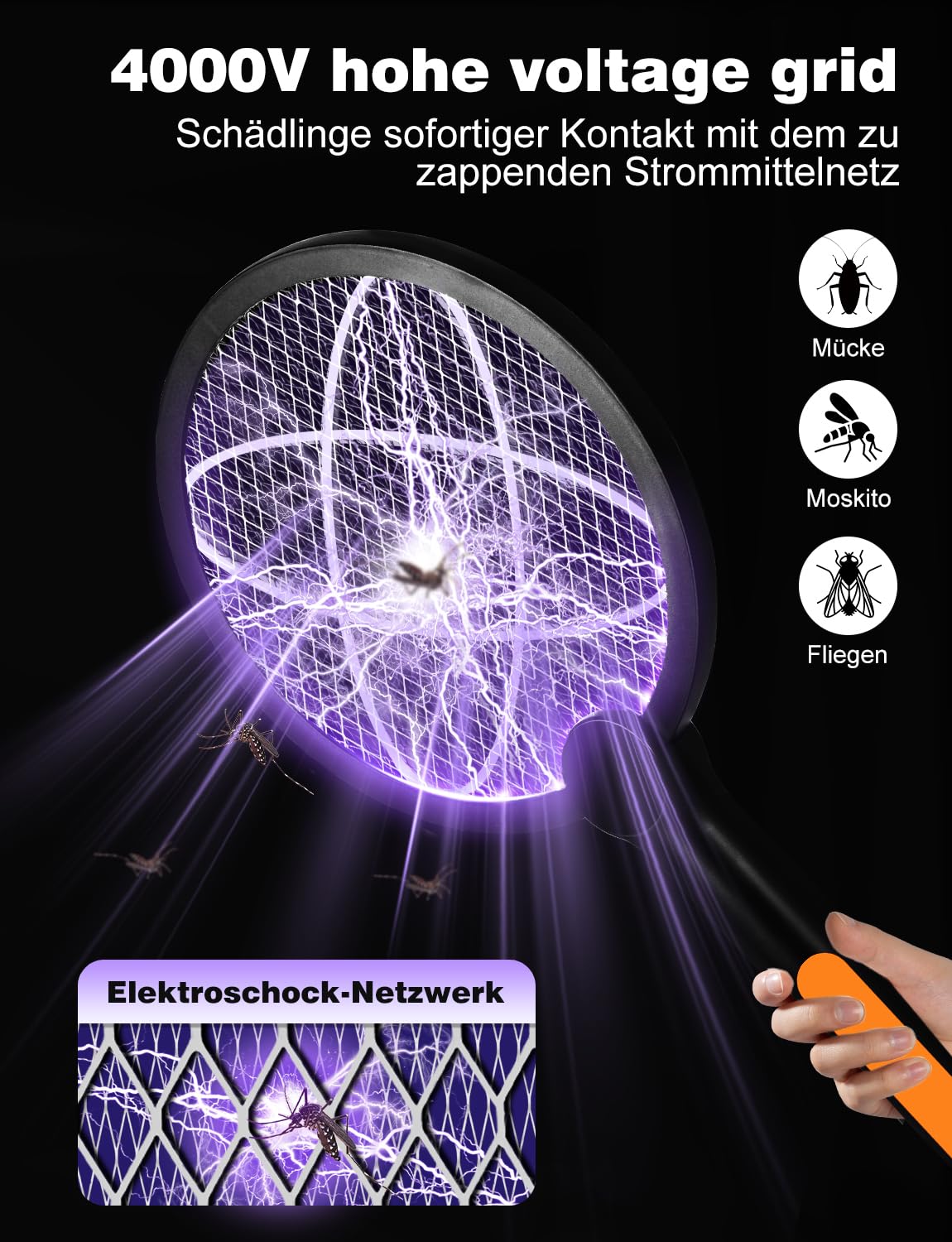 4000V Elektrische Fliegenklatsche mit Ladestation, 2 in 1 USB mit Akku Aufladbar Elektro Mückenklatsche mit Lichtfalle Moskito Schwarz (Schwarz 1 STK)