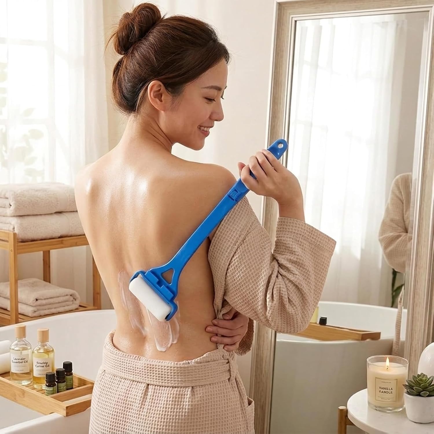 Foldable Back Lotion Applicator for Women and Seniors, Long Handle Body Brush with 3 Reusable Rollers for Moisturizers, Creams, Oils and Sunscreen, Blue