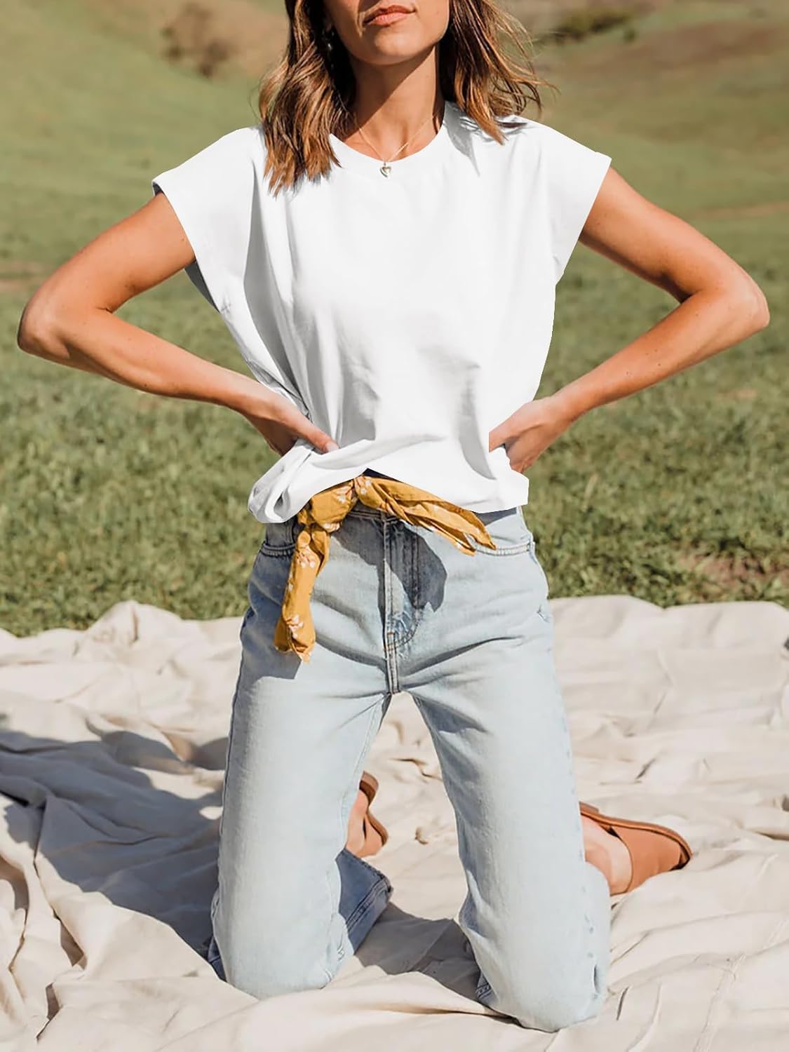 Tankaneo Women Short Cap Sleeve Tops Summer Casual Banded Sweatshirt Crew Neck Loose Fit T-Shirts - Image 2