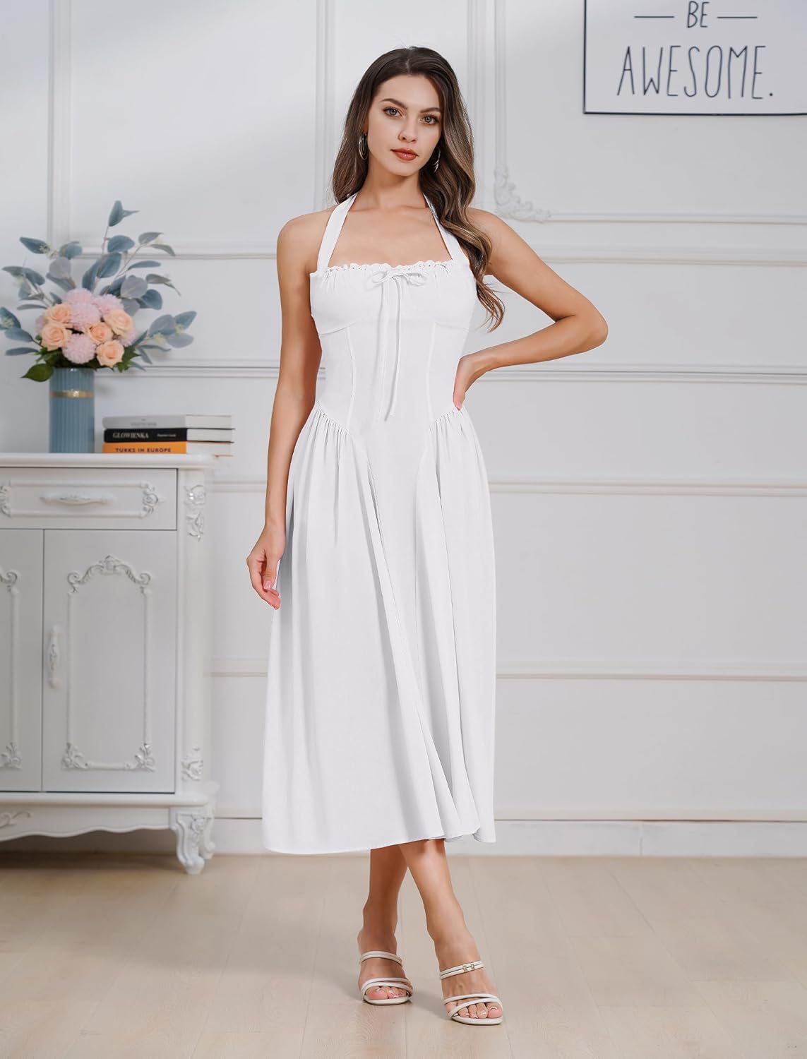 Floral Corset Dress Solid Long Dress Sleeveless Halter Low Cut Dress Open Back Bustier Midi Dress Summer - Image 2