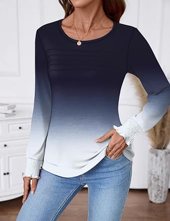 LOMON Women Tops Long Sleeve Blouses Dressy Casual Crewneck Pleated Tunic Shirts 2026 Loose Fashion Clothes