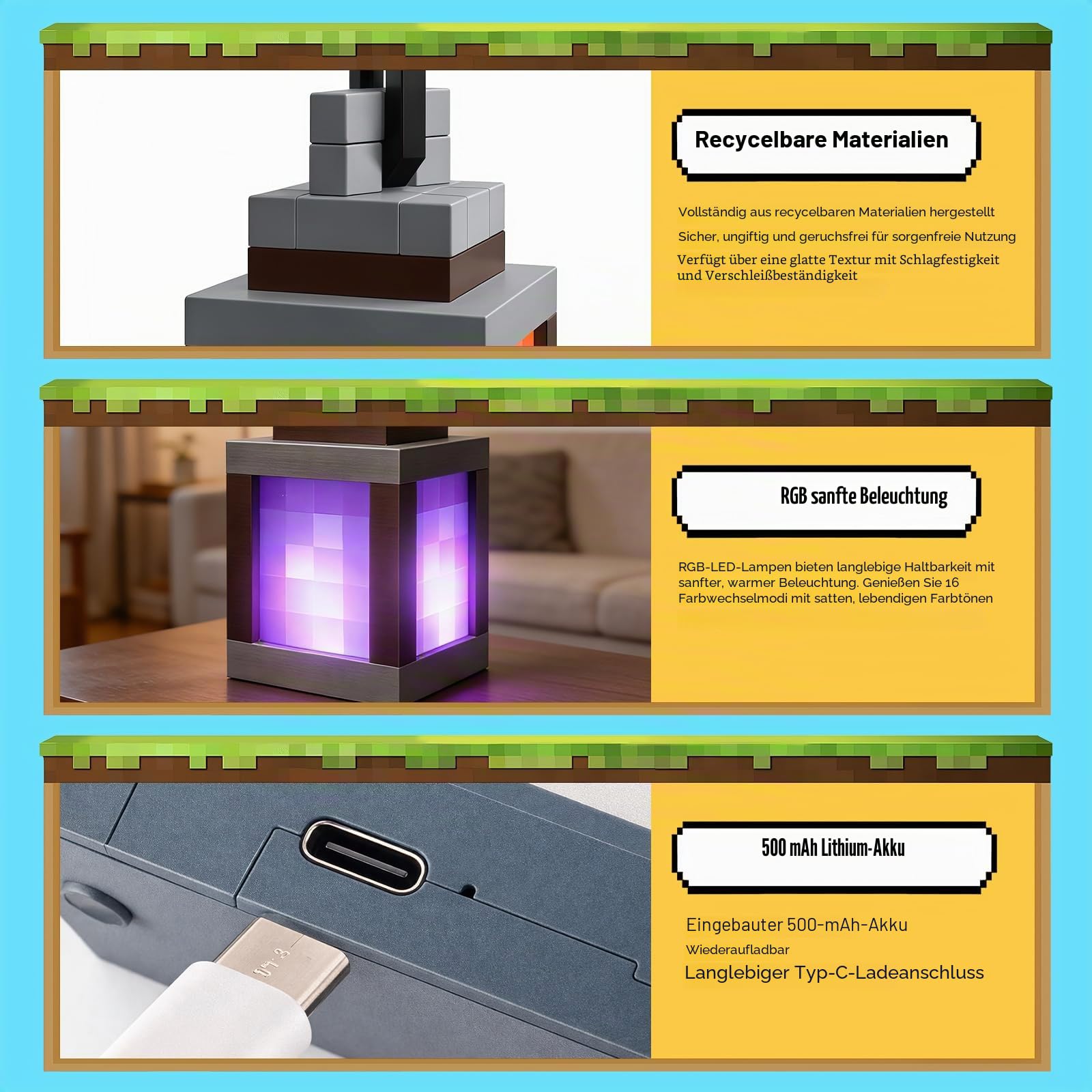 RoserRose Pixelated Lantern Nachtlicht Mit Fernbedienung,Wall Fackel Nachtlicht,16 Farben Mit Fernbedienung & Dimmfunktion Für Schlafzimmer, Camping Und Gamer Geschenk