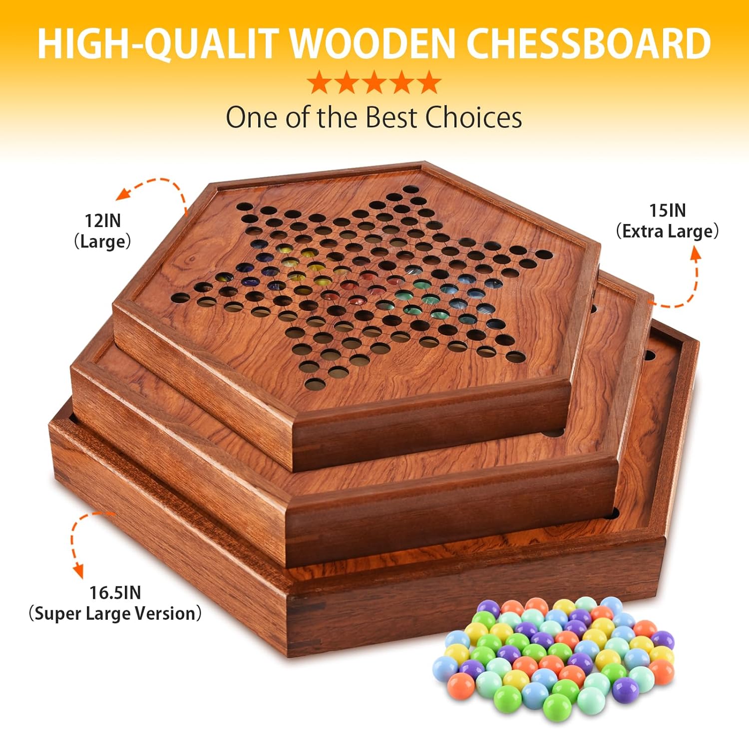 Large Chinese Checkers Upgraded Version Wooden Game Board, 16mm 60+12 Colorful Acrylic Marbles, Easy Grasping for Adults and Kids, with Storage Drawer, Fun for Family Gathering (15in.)