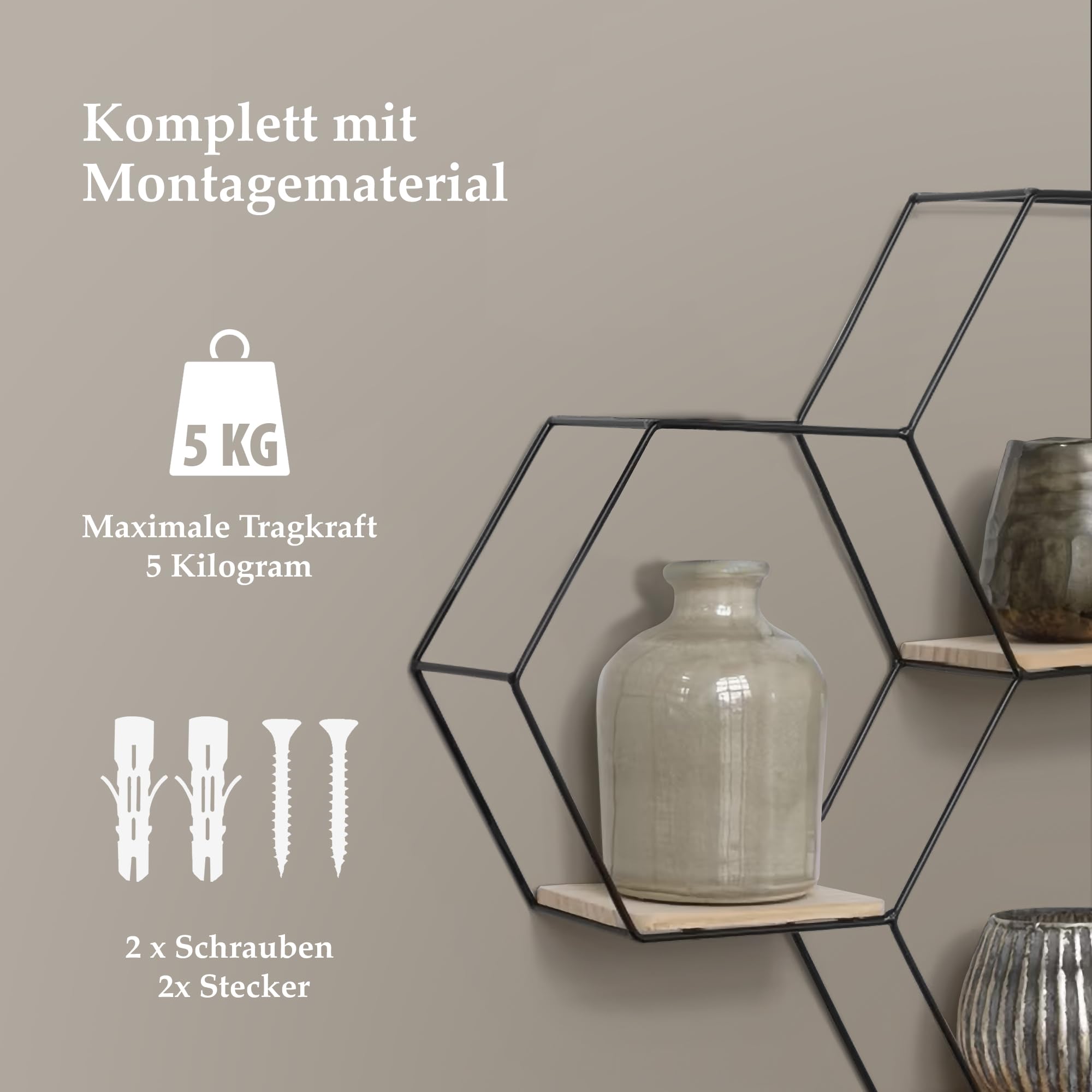 Vivol IVOL Waben Wandregal Schwarz 40,5x58 cm, Hexagon Metall Wandregal mit 4 Holzböden, hängendes Dekoregal, modernes Wohnzimmer Regal für Wanddeko, Schlafzimmer, Flur, Büro & stilvolle Deko