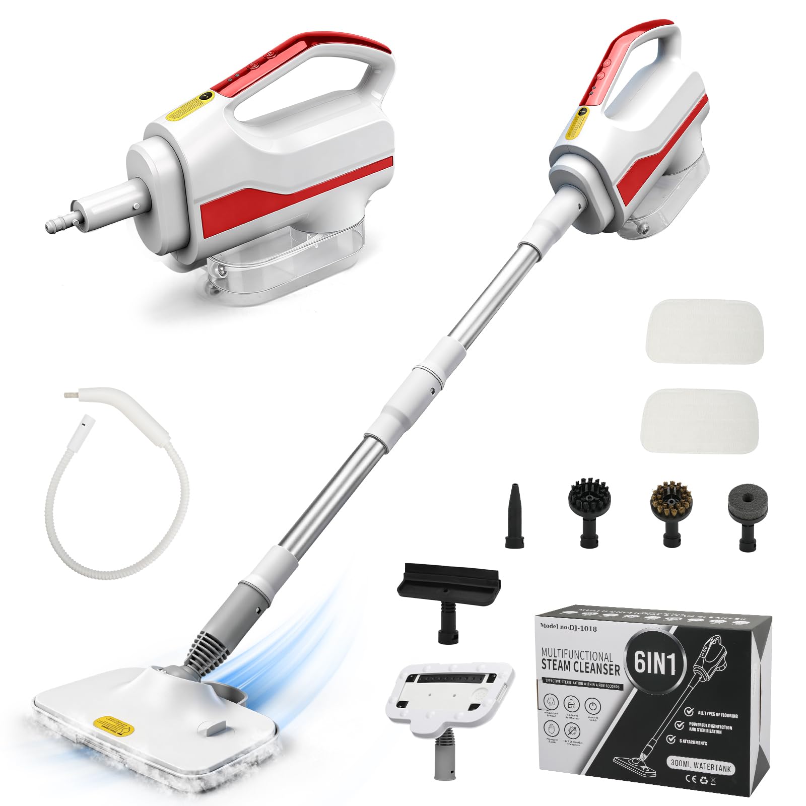 Limpiador de vapor multifuncional y mopa – 99,9% de desinfección, mopa a vapor con 3 niveles de vapor, depósito de agua de 300 ml, para suelos duros y alfombras, 1500 W (blanco)