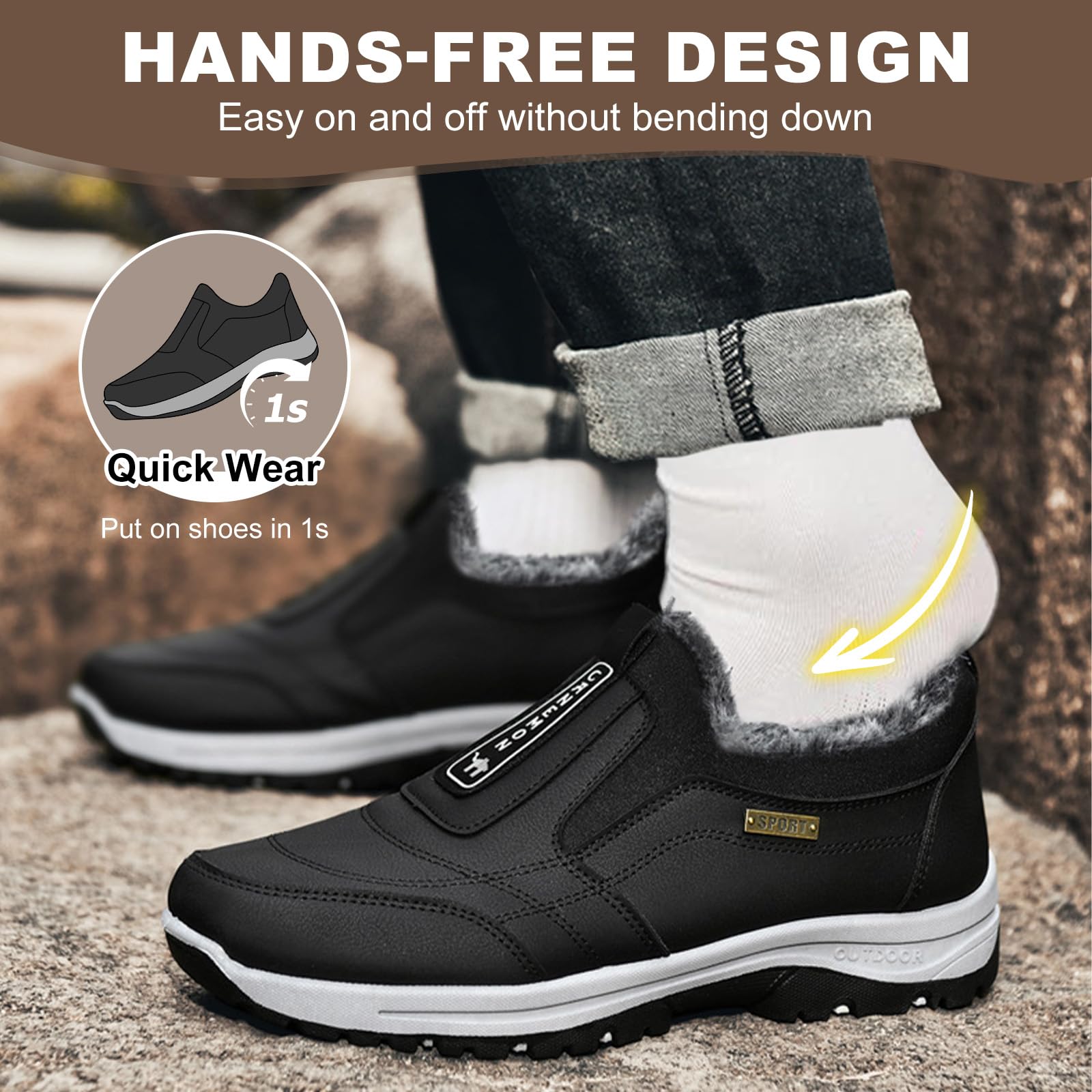 Baskets Sans Lacets Homme Pour Randonnée Et Travail - Semelle Orthopédique Antidérapante, Taille 46 EU, Noir