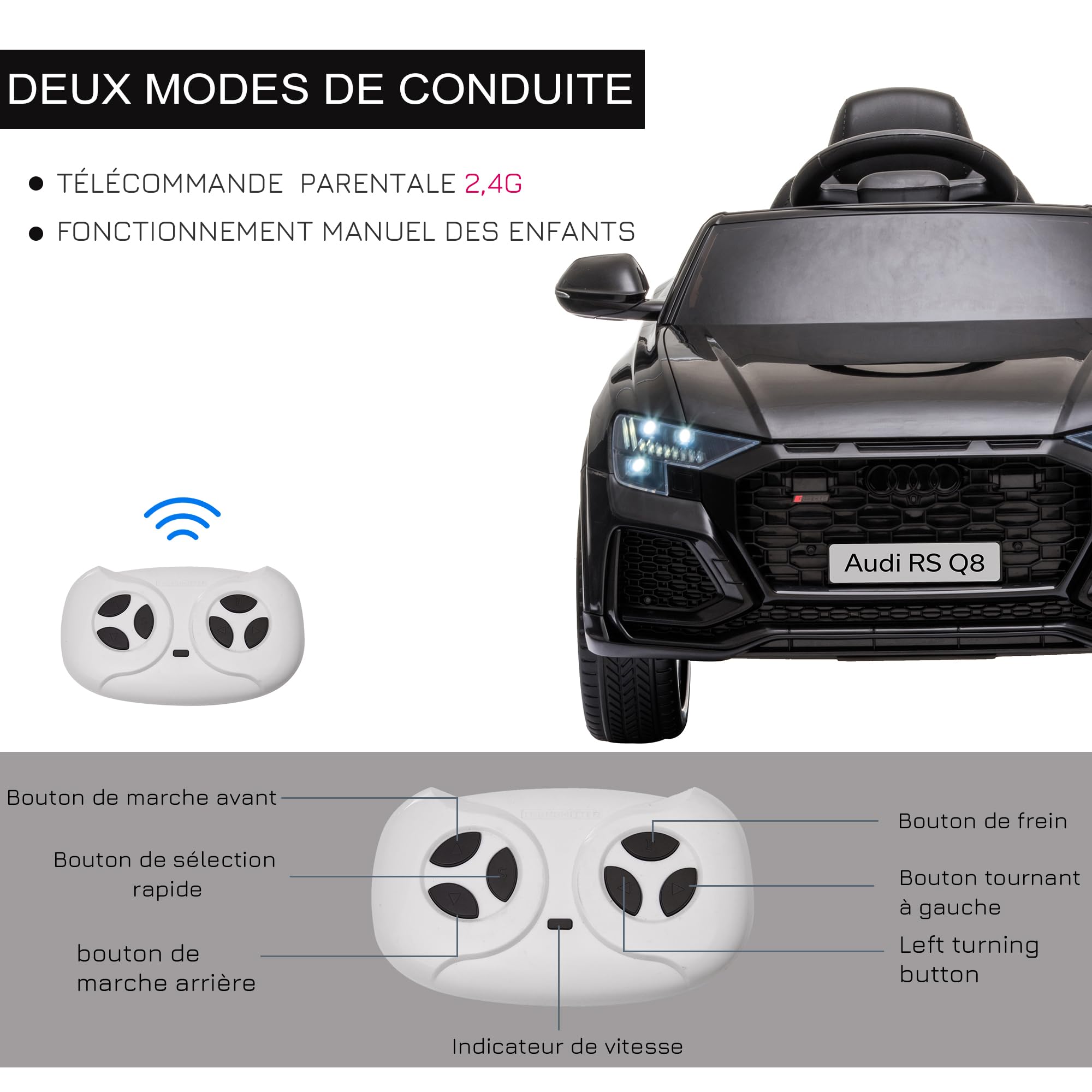 HOMCOM Voiture électrique Enfants sous Licence Audi RS Q8, Voiture à Batterie 6 V, véhicule électrique avec télécommande, USB, Musique, Bluetooth, pour Enfants de 3-5 Ans, Noir