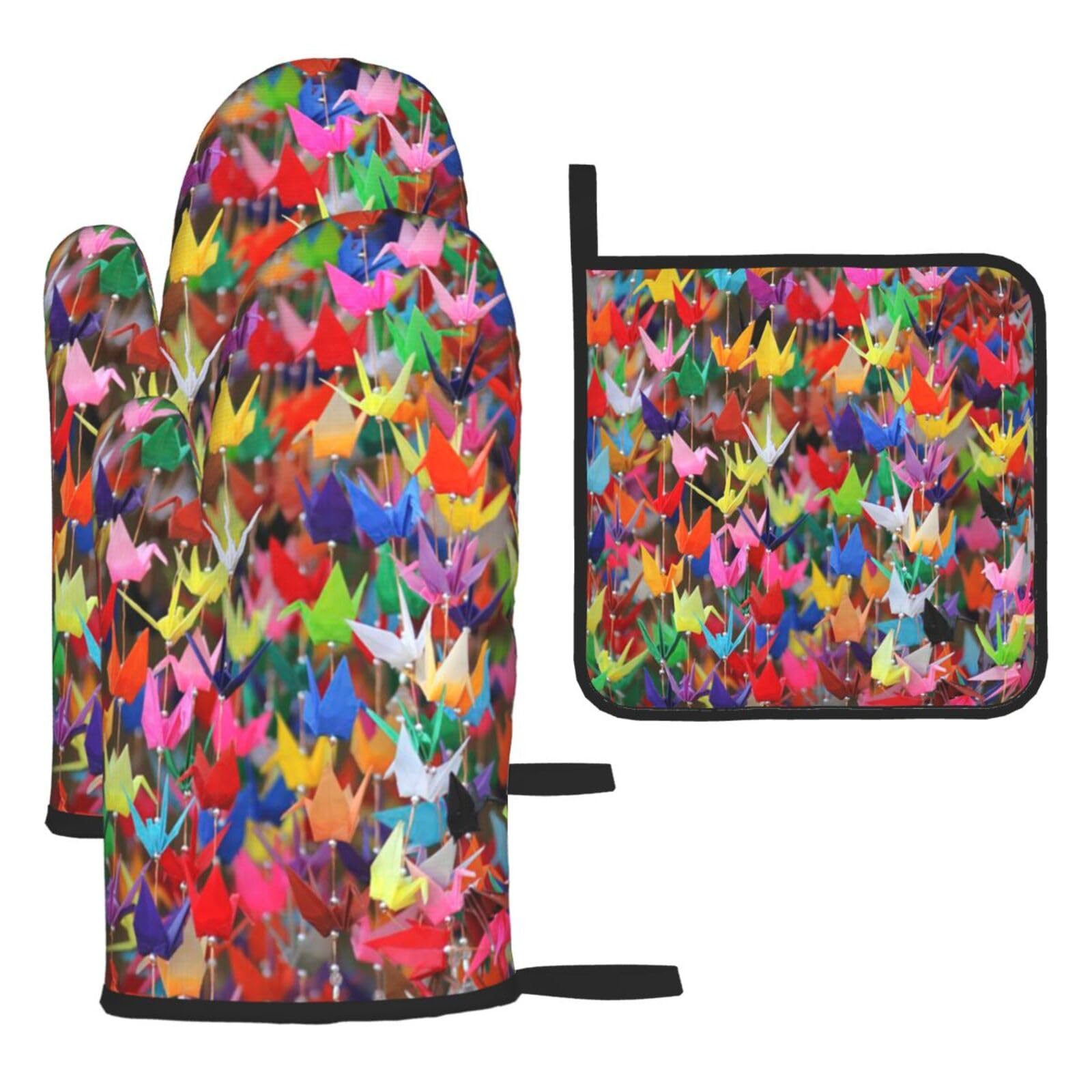 Origami Paper Cranes Print Oven Set Kitchen Gloves Baking Grilling Microwaving Cooking Gift Everyday Holiday