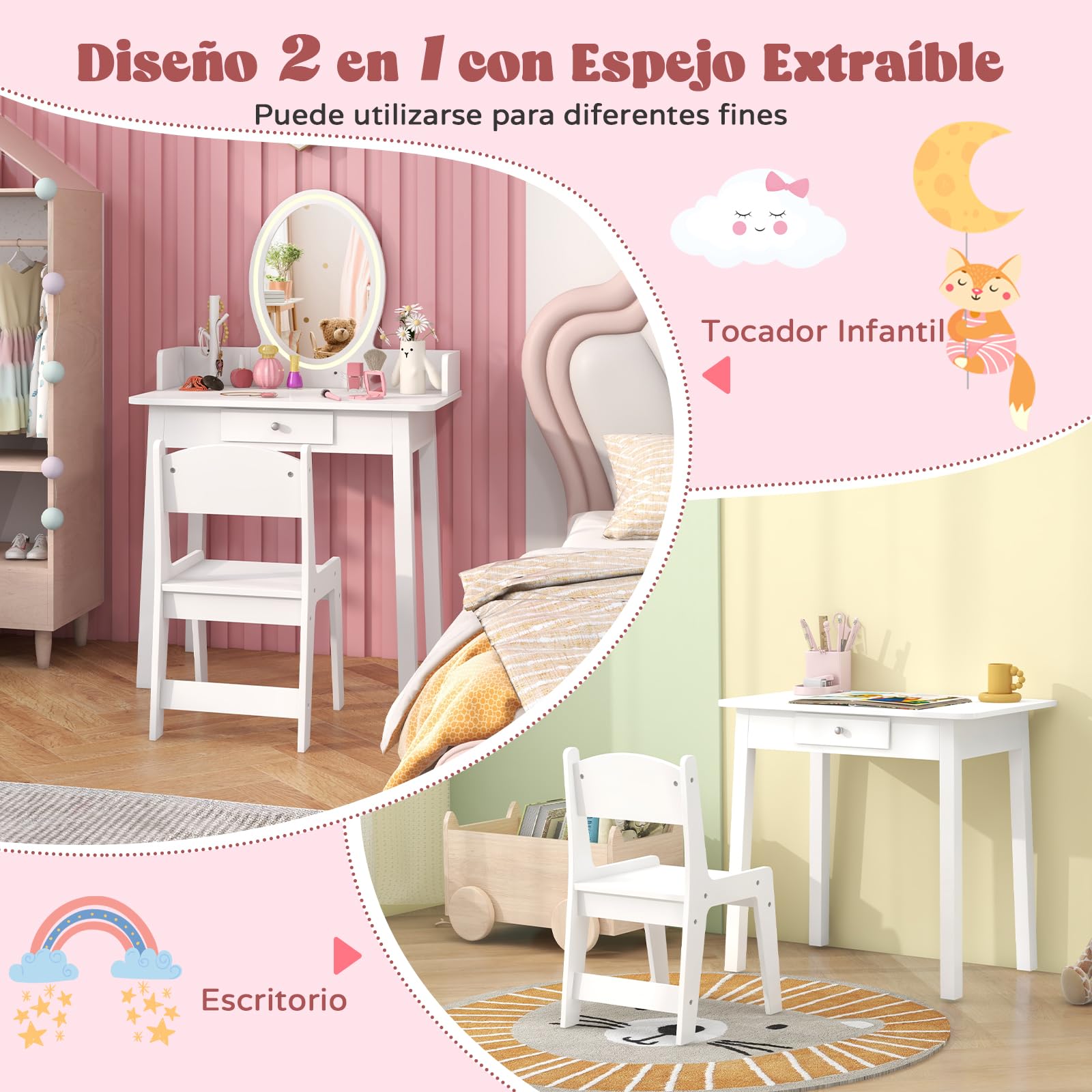 RELAX4LIFE Tocador de Maquillaje Niña 2 en 1 con Espejo Extraíble, Luces LED 2 Colores y Taburete, Blanco