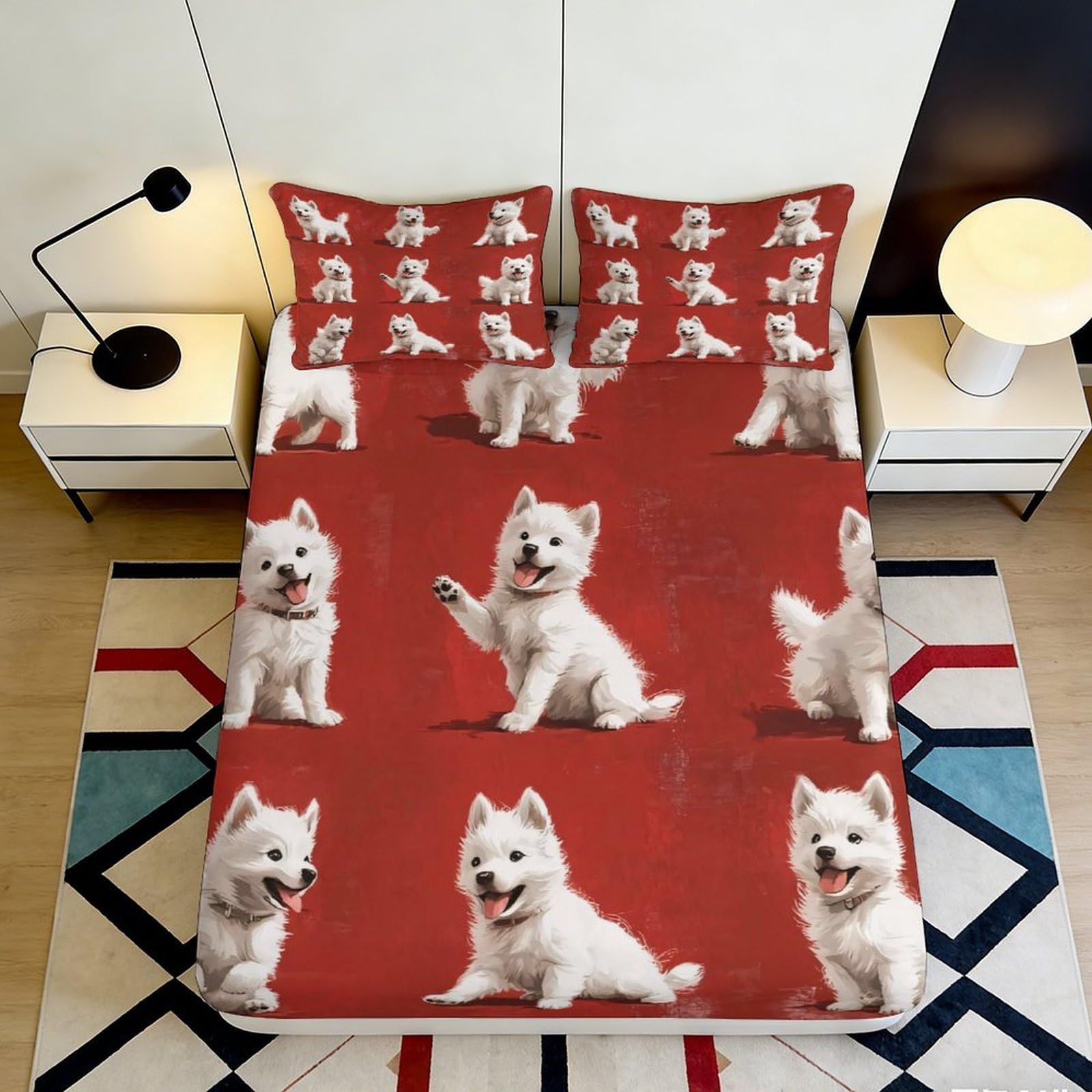 3D Printed White Dog Pattern Fitted Sheet Microfiber Soft Red Cute Puppy Bed Cover for Bedroom Dorm Mattress Protection Decor 90x200x25cm