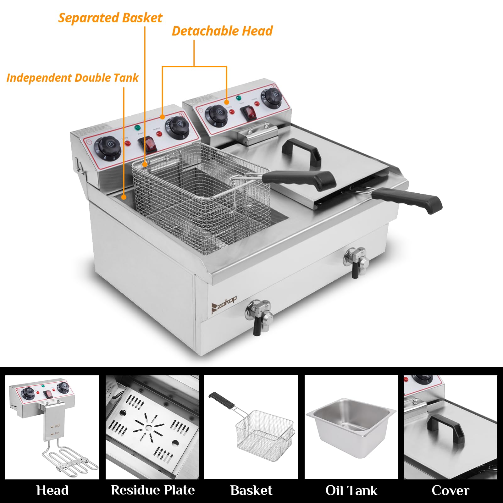 Winado Freidora eléctrica de 24.9 cuartos de galón de capacidad con control de tiempo y filtración de aceite, freidoras de doble tanque con drenaje y control de temperatura, cestas y tapas, para hogar