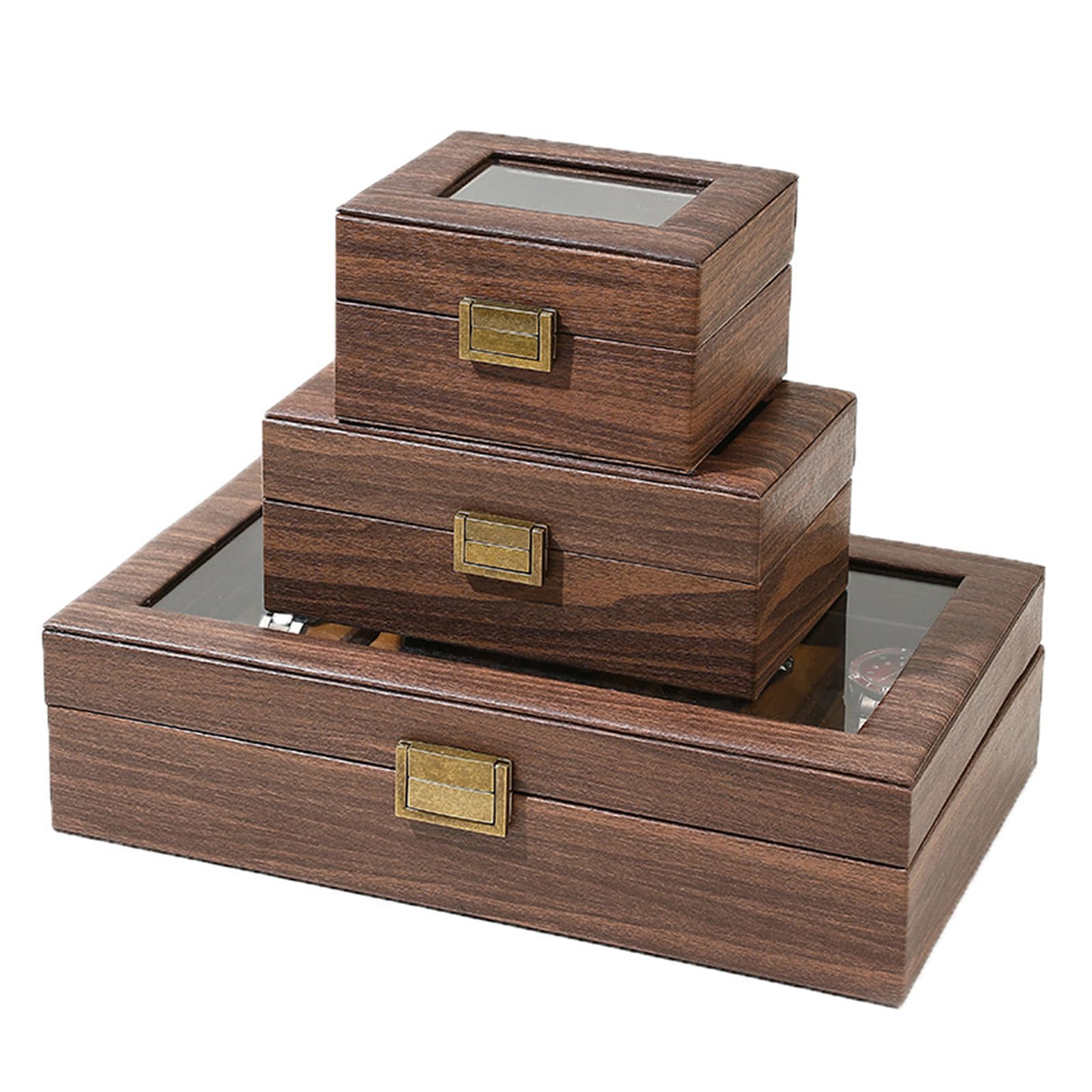 Elegante caja de reloj de grano de madera, práctico soporte múltiple para relojes con tapa de cristal y cajón de almacenamiento para hombres