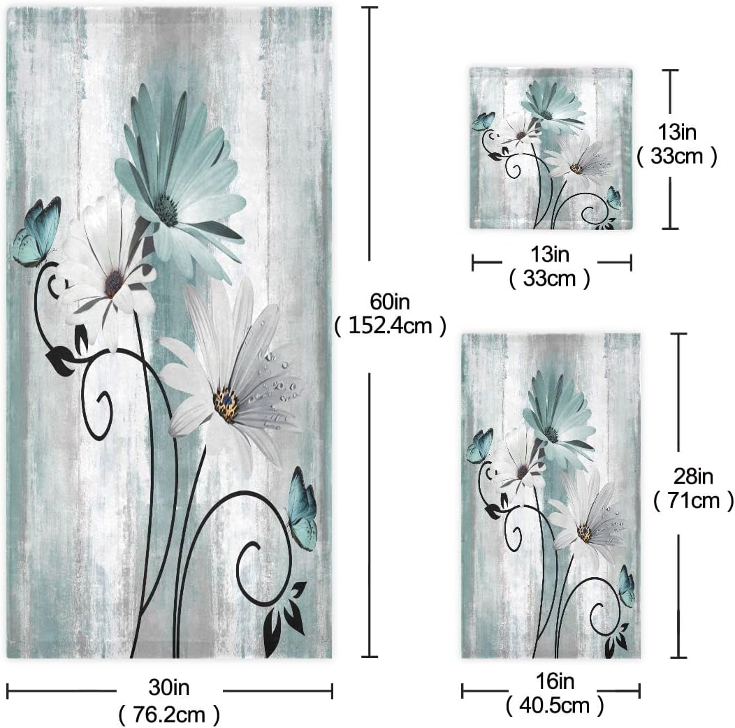 Bath Towels Set Farm Teal Daisy Floral Flowers Butterfly on Country Wooden 3 Piece Towel Set(1 Luxury Bath Towel 1 Hand Towel 1 Washcloth) Soft Absorbent Decorative Bathroom Kitchen Towels - Image 3