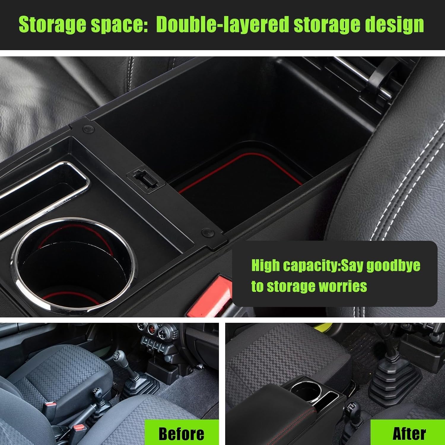 Consoles Armrest Compatible with Suzuki Jimny JB64W JB74W 2018-2024 Center Console Box Armrest Box Cup Holder Black with Red Stitching Jimny Accessories