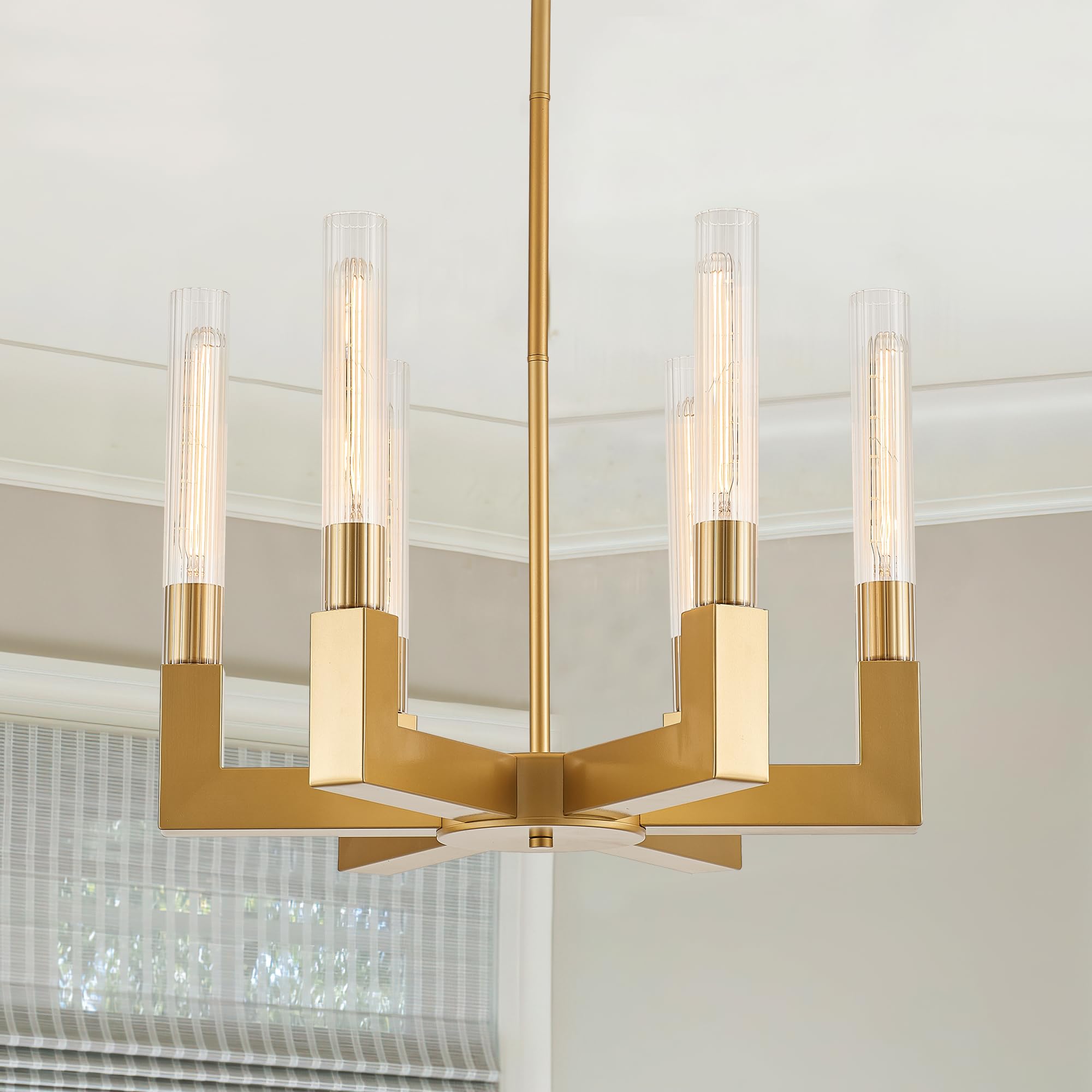 Brass Gold Chandelier with Striped Glass Shades, 6-Lights Adjustable Modern Pendant Light Fixtures for Dining Room,Kitchen Pendant Lighting Over Island, E26 Base (Included Bulbs)