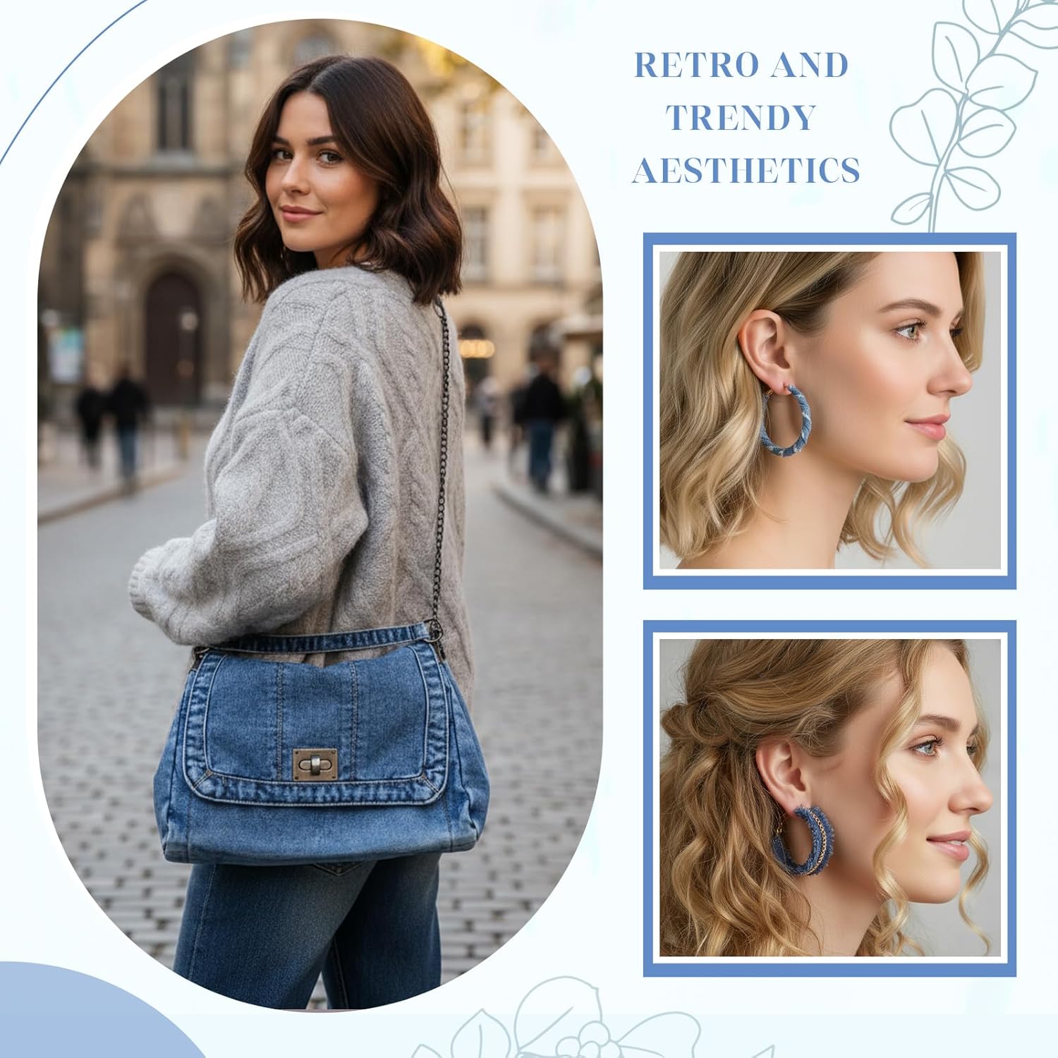 Quelay Denim Tote Bag Jean Purse 2 Pairs of Denim Earrings Adjustable Chain Jean Shoulder Bags Crossbody Bag Christmas Gift for Girlfriend Big Circle Round Earrings for Party Daily Birthday Gift