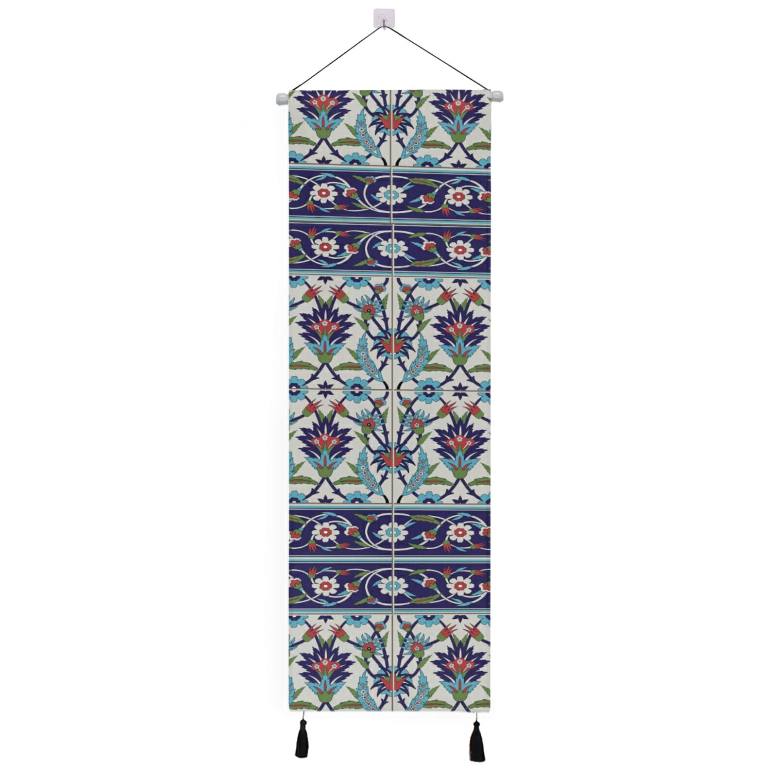 Poeticcity White Moroccan Portuguese Turkish Ornaments Tribal Ethnic Tiles Border Canvas Wall Art, Print Hanging Painting Poster, Artwork Ready To Hang 13X47 Inch Home Art Bedroom Living Room Decor