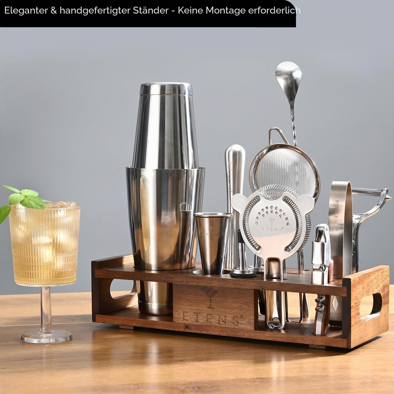 Etens 15-teiliges Barkeeper Set mit Holzständer – Edelstahl Boston Cocktail Shaker Set mit Messbecher, Sieben, Stößel & Bar Zubehör – Profi-Mixologie Cocktail Set Geschenk für Zuhause & Bar