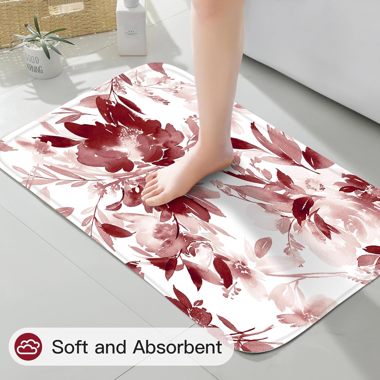 Litabel 4 Pcs Burgundy Watercolor Floral Shower Curtain Sets with Rug, Toilet Lid Cover and Bath Mat, Botanical Flower Shower Curtain for Purple Bathroom Decor, White Fabric Waterproof Bathroom Set