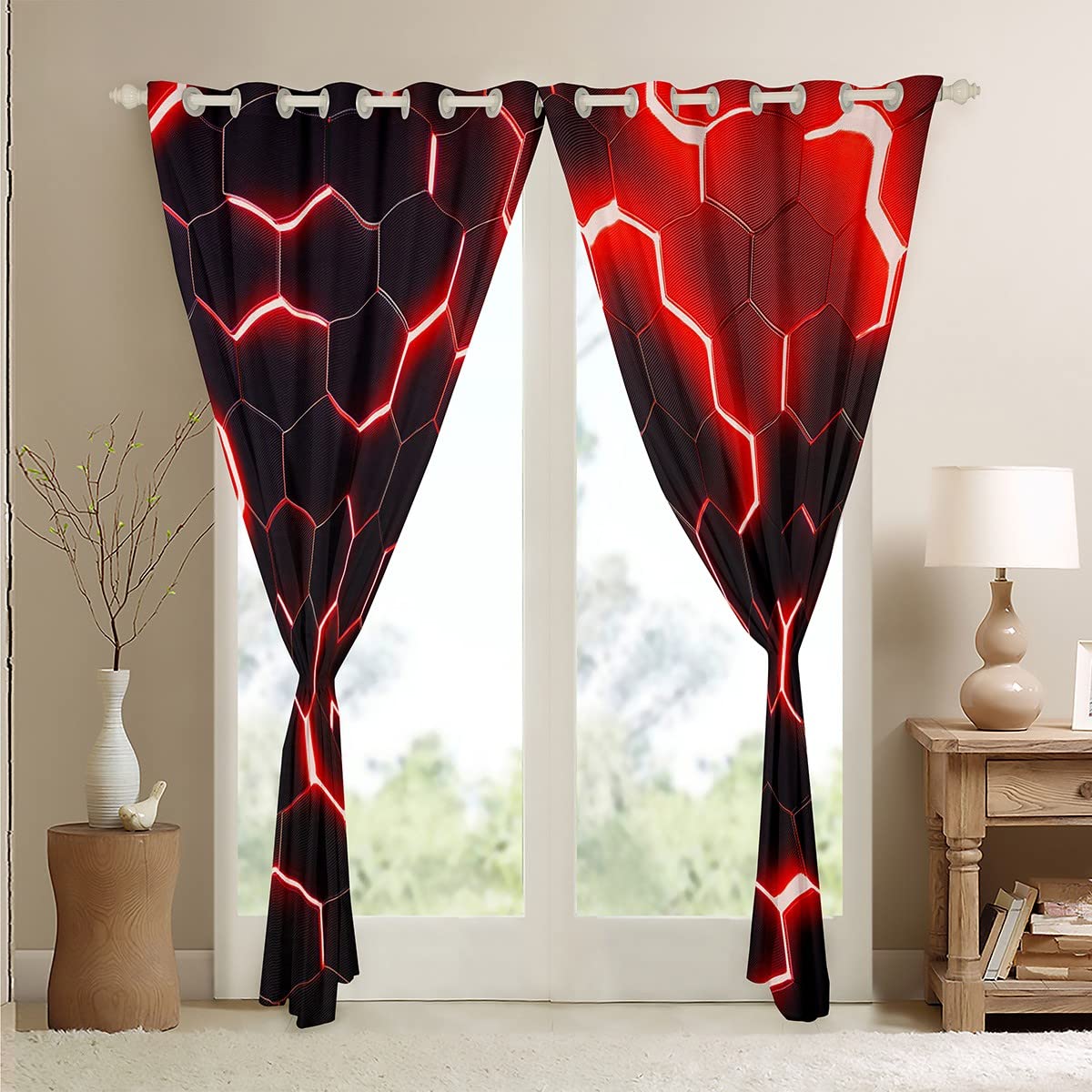 Homewish Honeycomb Kids 30%-50% Blackout Curtains for Living Room Geometric Boys Curtains for Bedroom Glitter Hexagon Window Curtain for Teen Men Red Black Curtains & Drapes 46" Wx72 L - Image 4