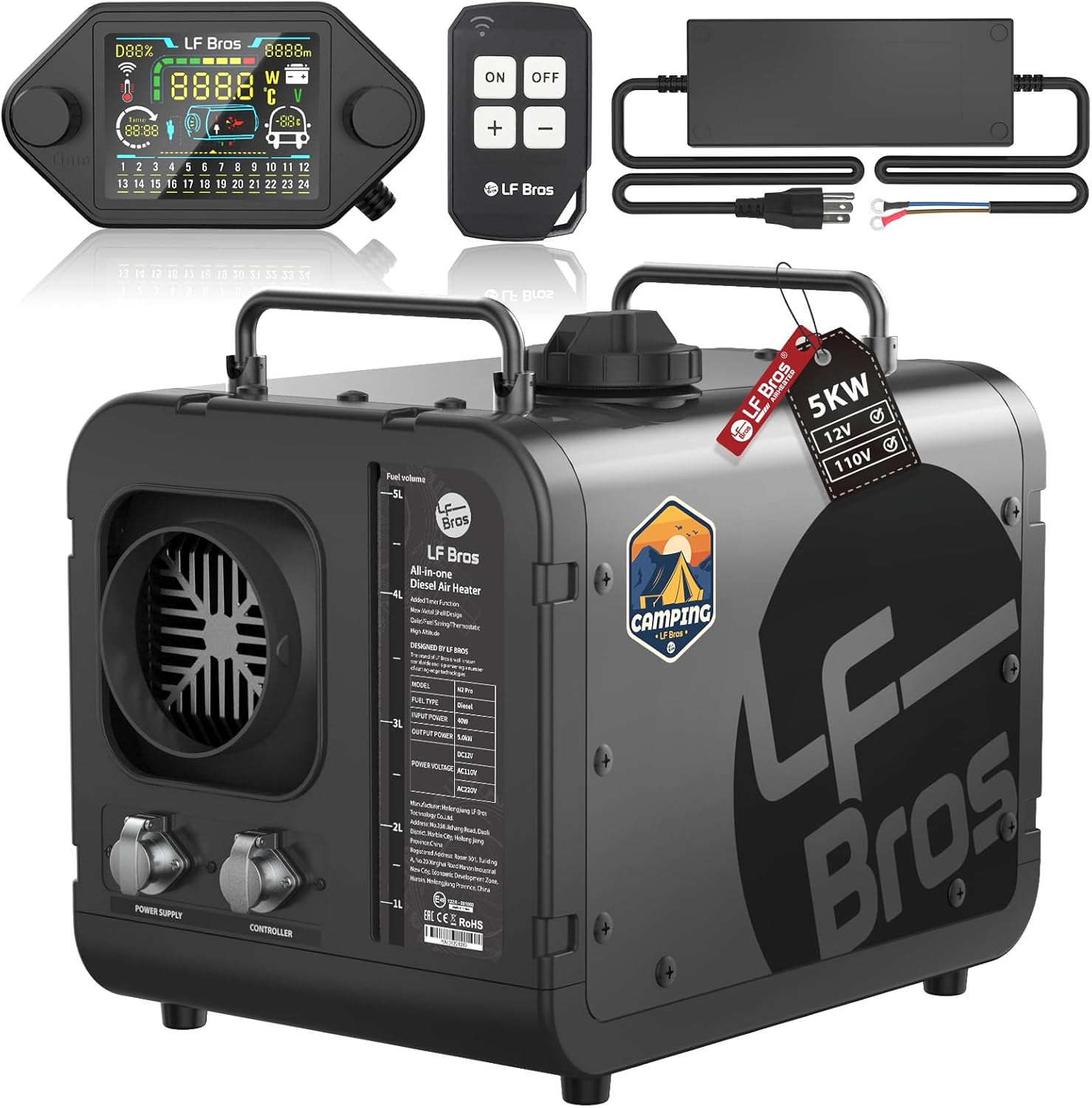 LF Bros Professional 110V/12V 5KW Diesel Heater, All-in-One 5L Air Diesel Space Heater with Timer, Thermostat, Plateau Mode, Suitable for Camping, Ice Fishing, Hunting, Black