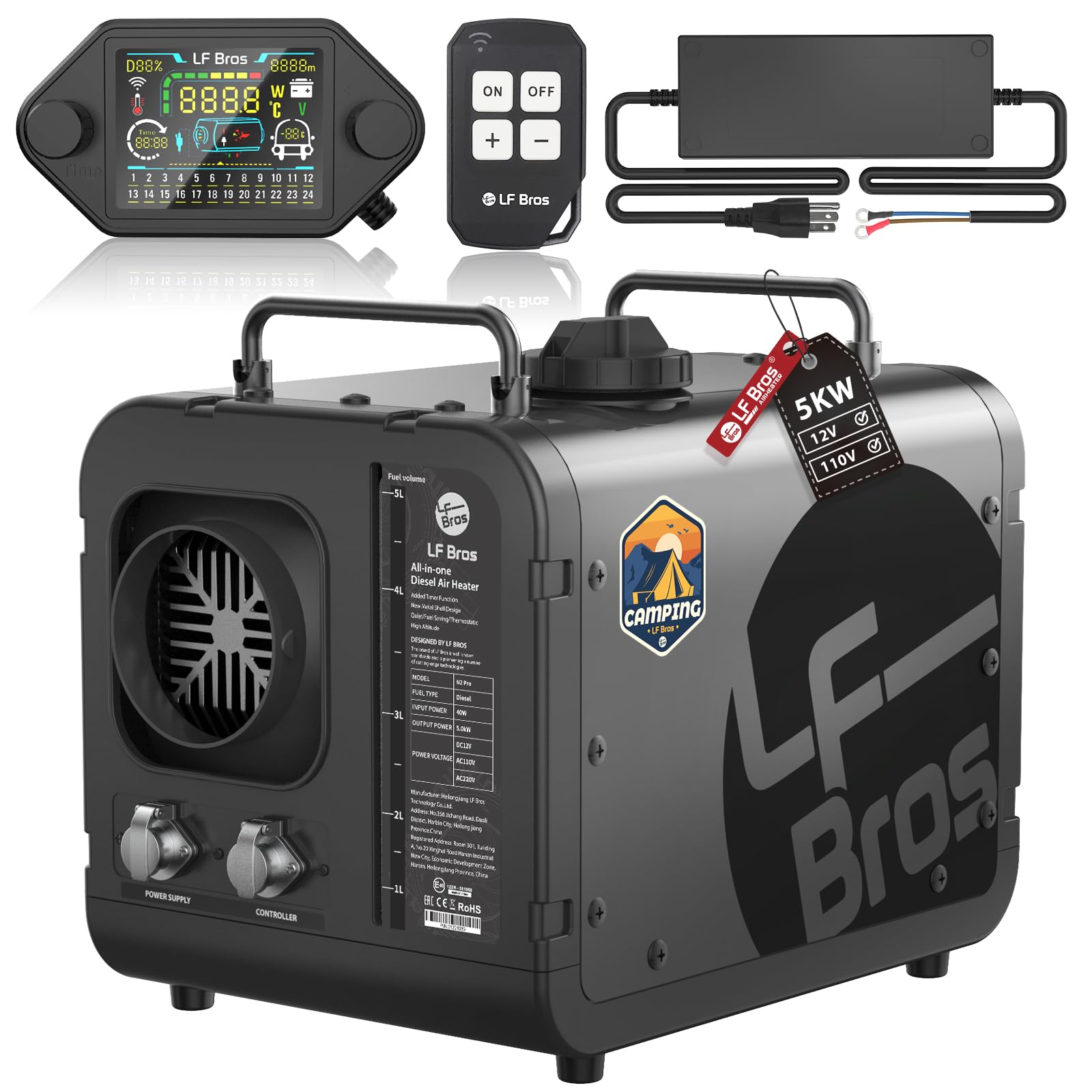LF Bros 5KW Diesel Heater Pro, 110V 12V All in One Air Diesel Space Parking Heater with Timer, Thermostat, Plateau Mode, Fast Heating, Silent Oil Pump, Suitable for Camping Car Hunting Black