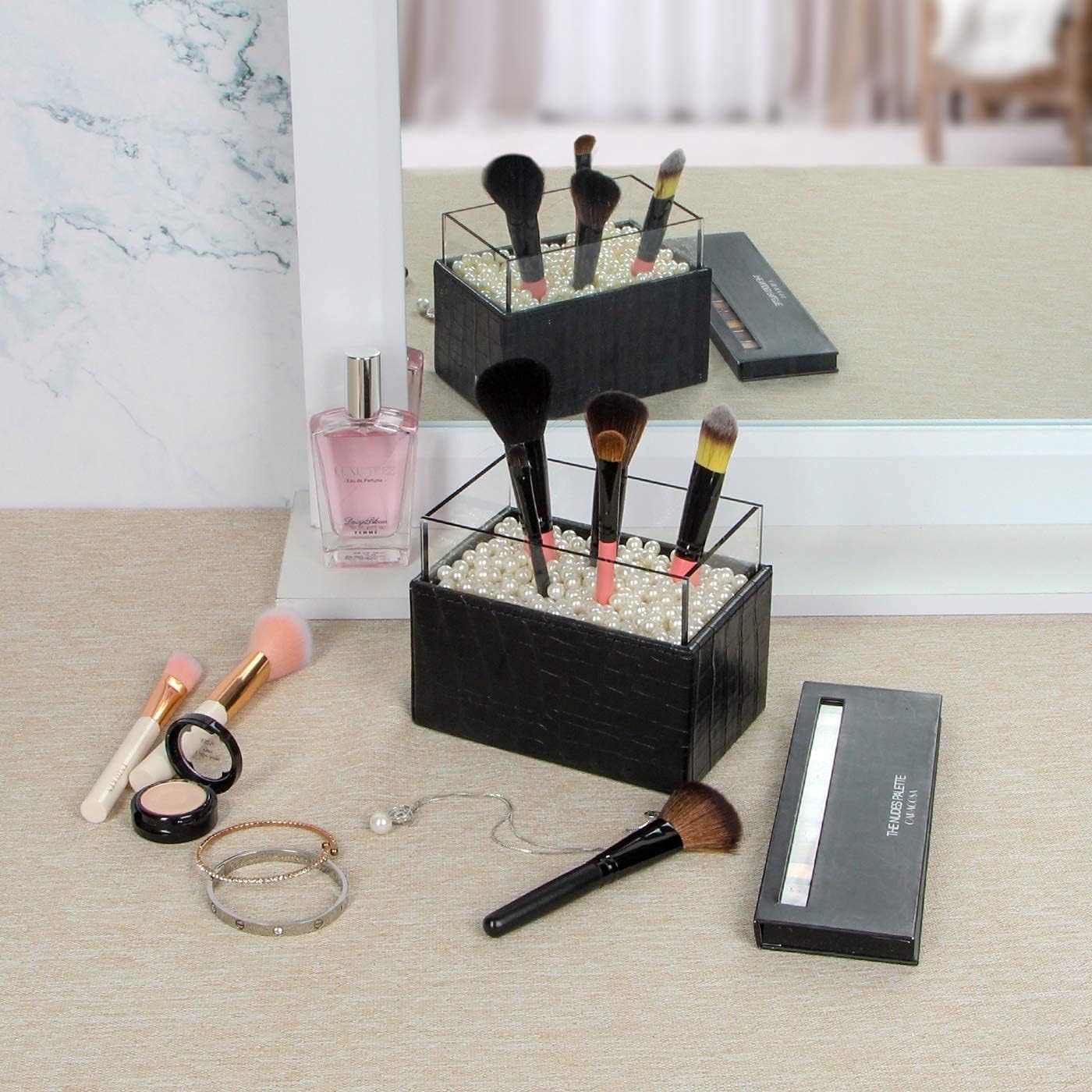 JACKCUBE DESIGN Makeup Brush Holder with Free White Pearls, Black Synthetic Leather with Acrylic Storage Container Cosmetic Display Case Organizer (3.7 x 5.7 x 4.3 inches) - MK283A: Home Improvement