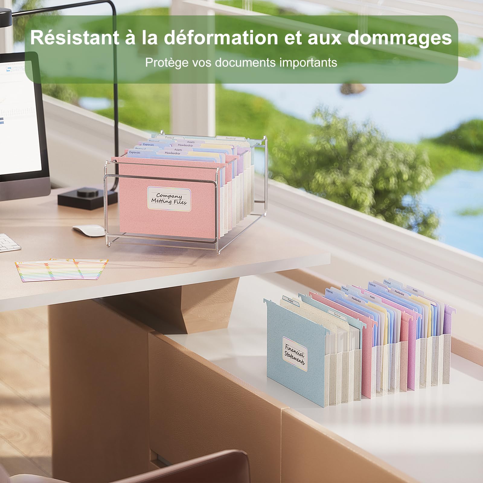 EcoStach Dossiers Suspendus A4, en paille de blé, organiseur de dossiers suspendus avec onglets et inserts pour bureau, maison et école (lot de 3, Violet, Bleu, Rose)