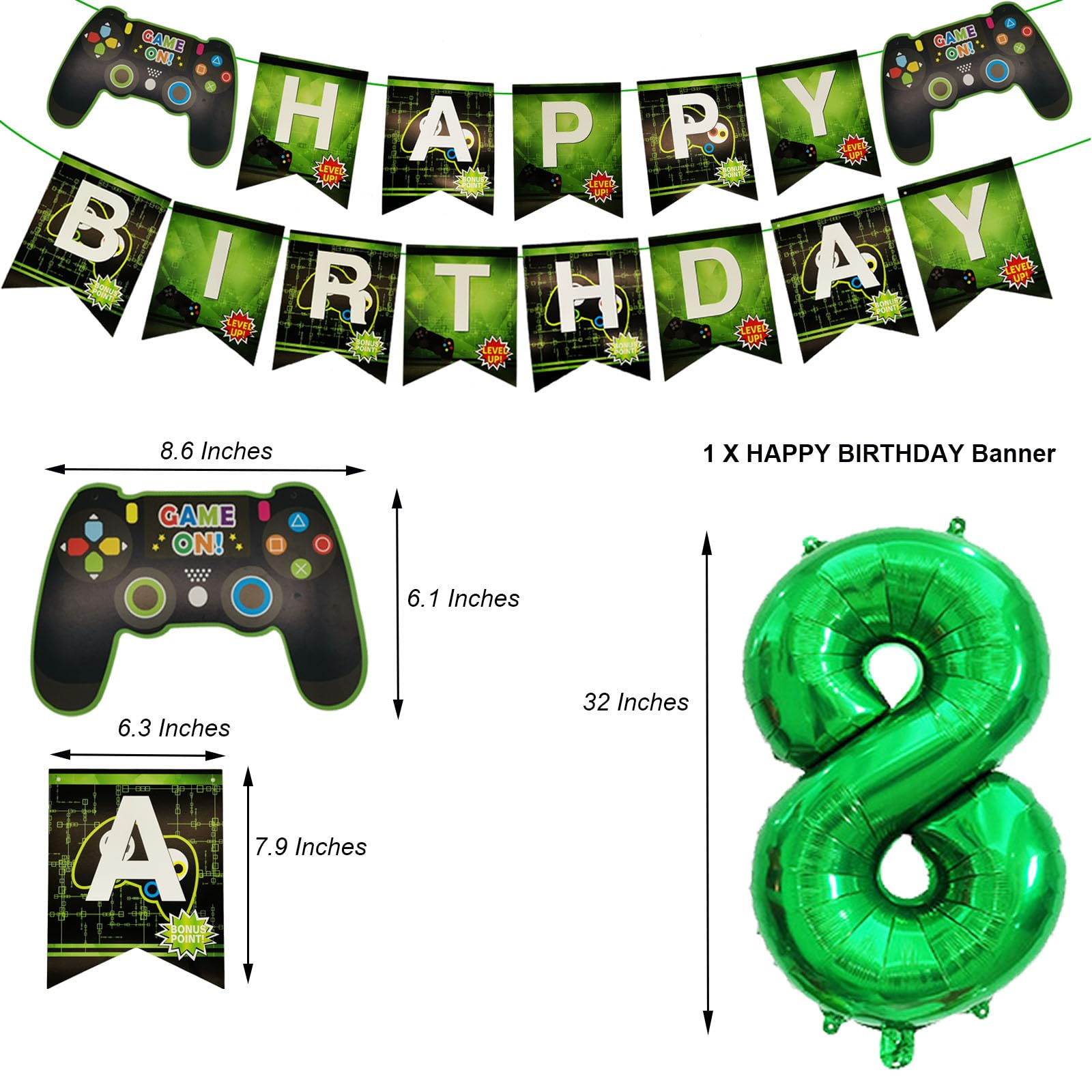 Decorazioni per 8° compleanno per ragazzi, decorazioni per feste a tema di gioco per fan dei giocatori, banner di buon compleanno palloncini per controller di gioco palloncini neri blu per feste per