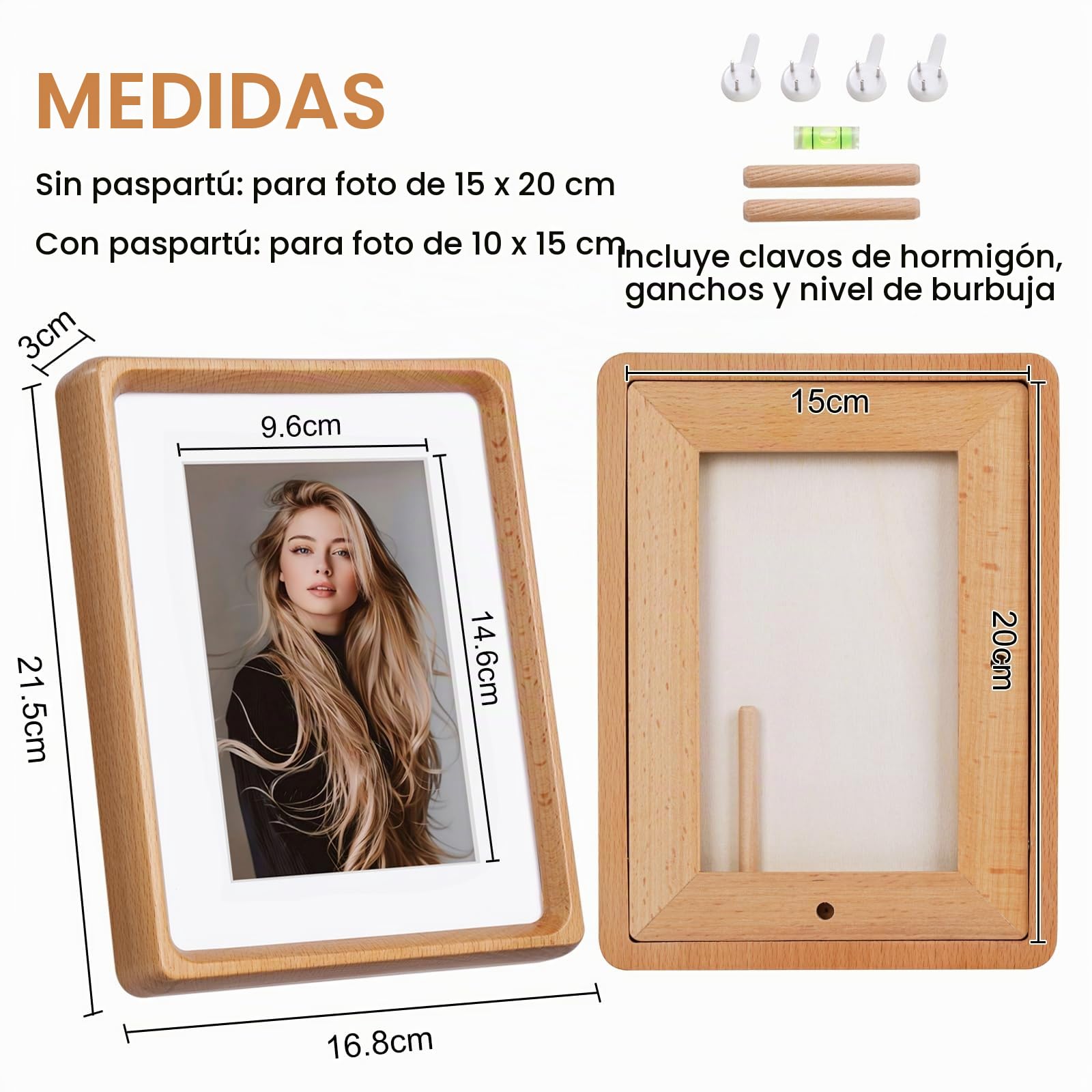 Marco de Fotos de Madera 15x20 cm, Portafotos 6x8 pulgadas, con paspartú para Fotos de 4x6 pulgadas (10x15cm), Montado en Mesa o Pared (Madera de Haya)