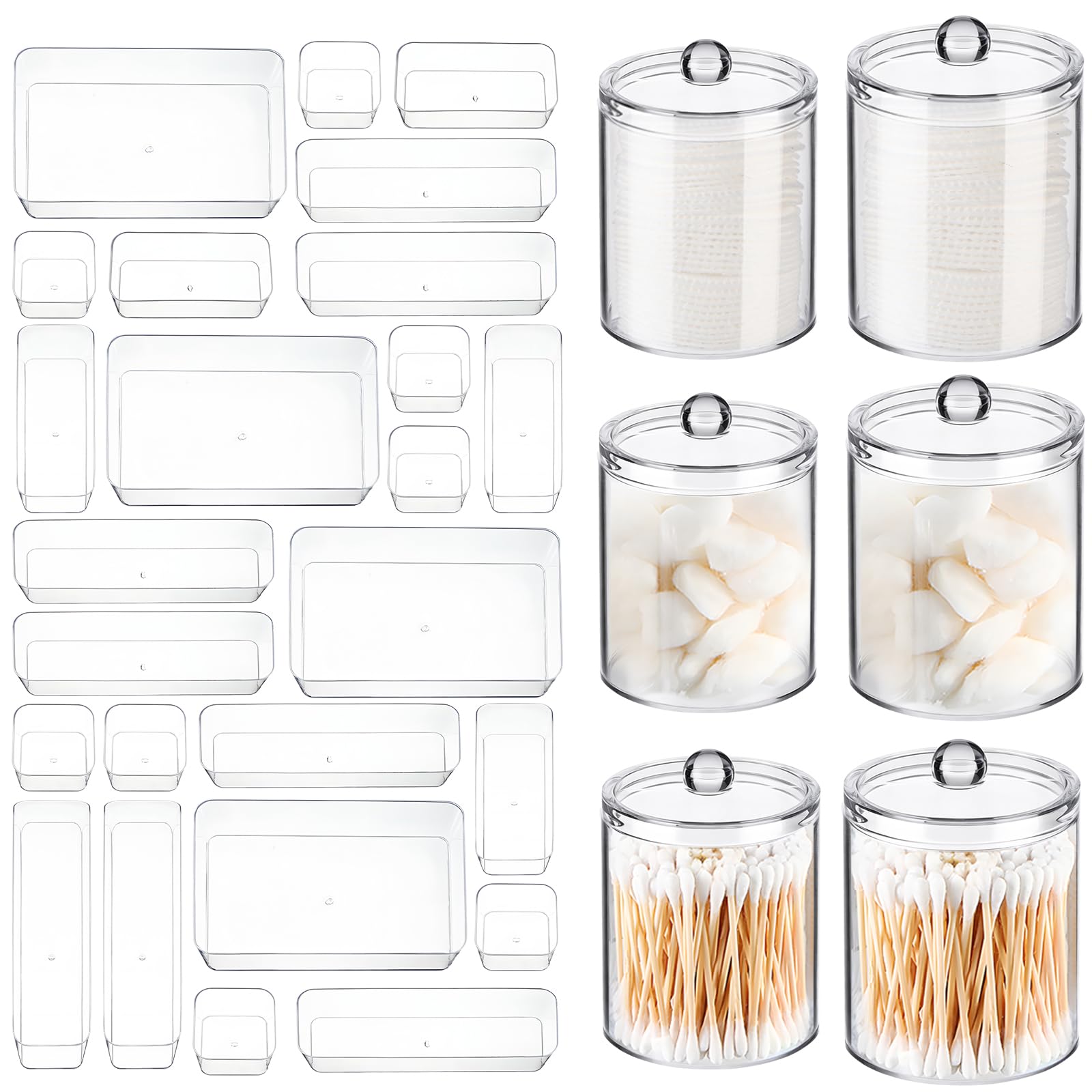 Teenyyou 30 Pcs Clear Makeup Desk Drawer Organizer Set Include 24 Pcs Plastic Stackable Makeup Tool Desk Drawer Organization Trays 10oz 12oz Cotton Swab Ball Holder Jars for Beauty Storage Bathroom