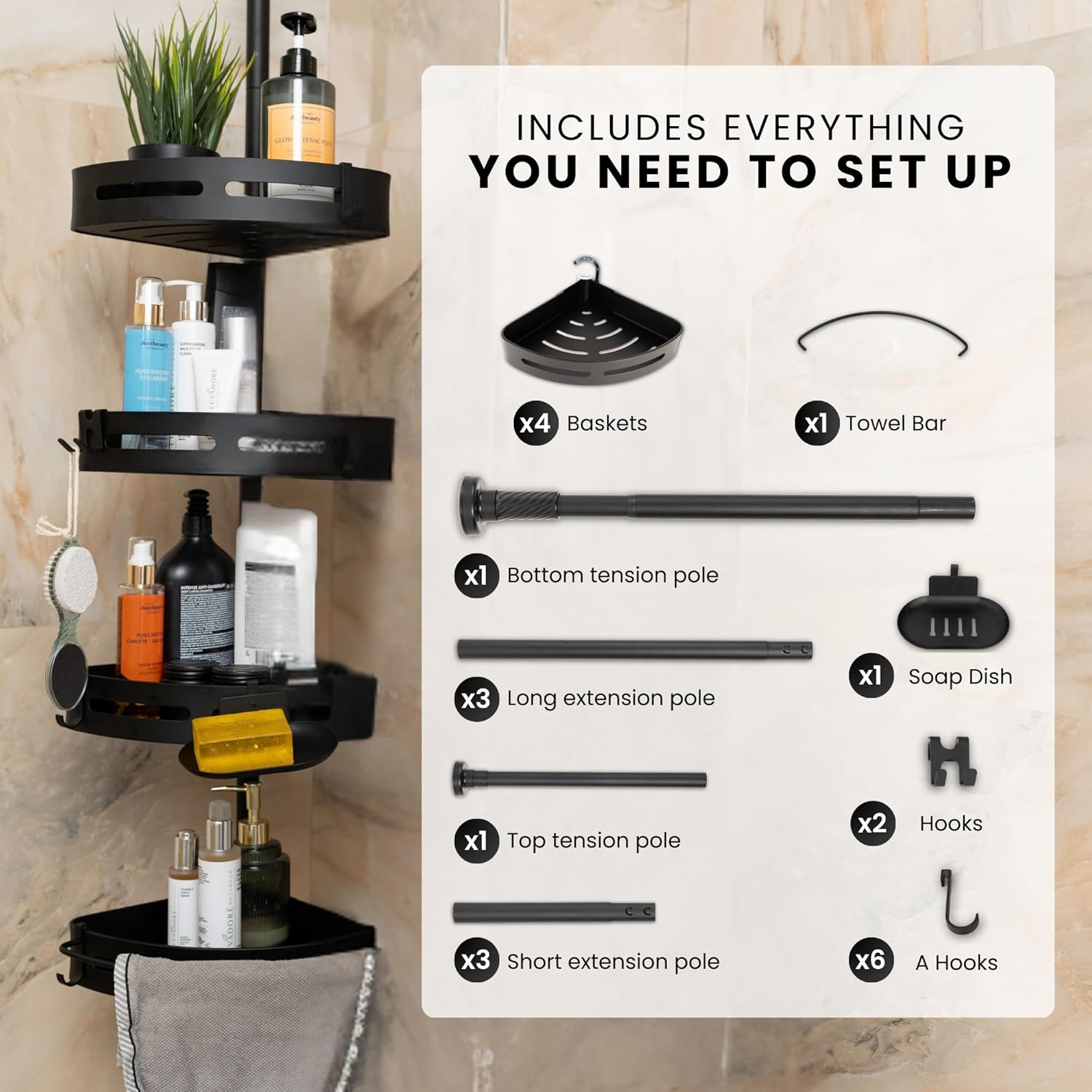 Rustproof Corner Shower Caddy-Tension Pole-LUXURY Model-4 Adjustable Baskets Bath Tub Corner Shower Caddy fits up to 114" ceiling,Bathroom Organizer with Towel Bar, Hooks & Soap Dish (Black)