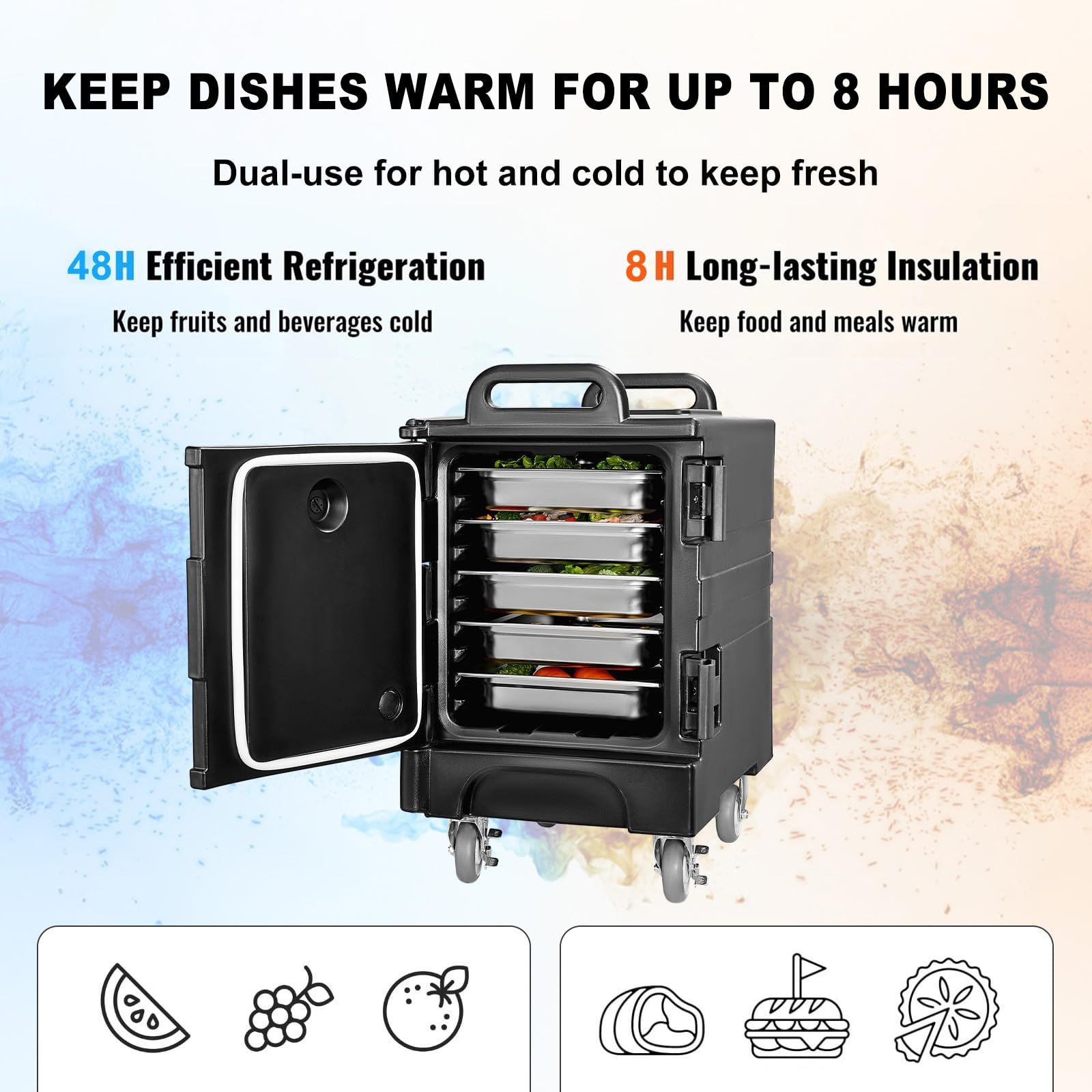 Contenedor isotérmico para bandejas de alimentos 81 Qt, caja térmica con ruedas giratorias de 360°, carga frontal, temperatura constante, sin electricidad para frío y calor