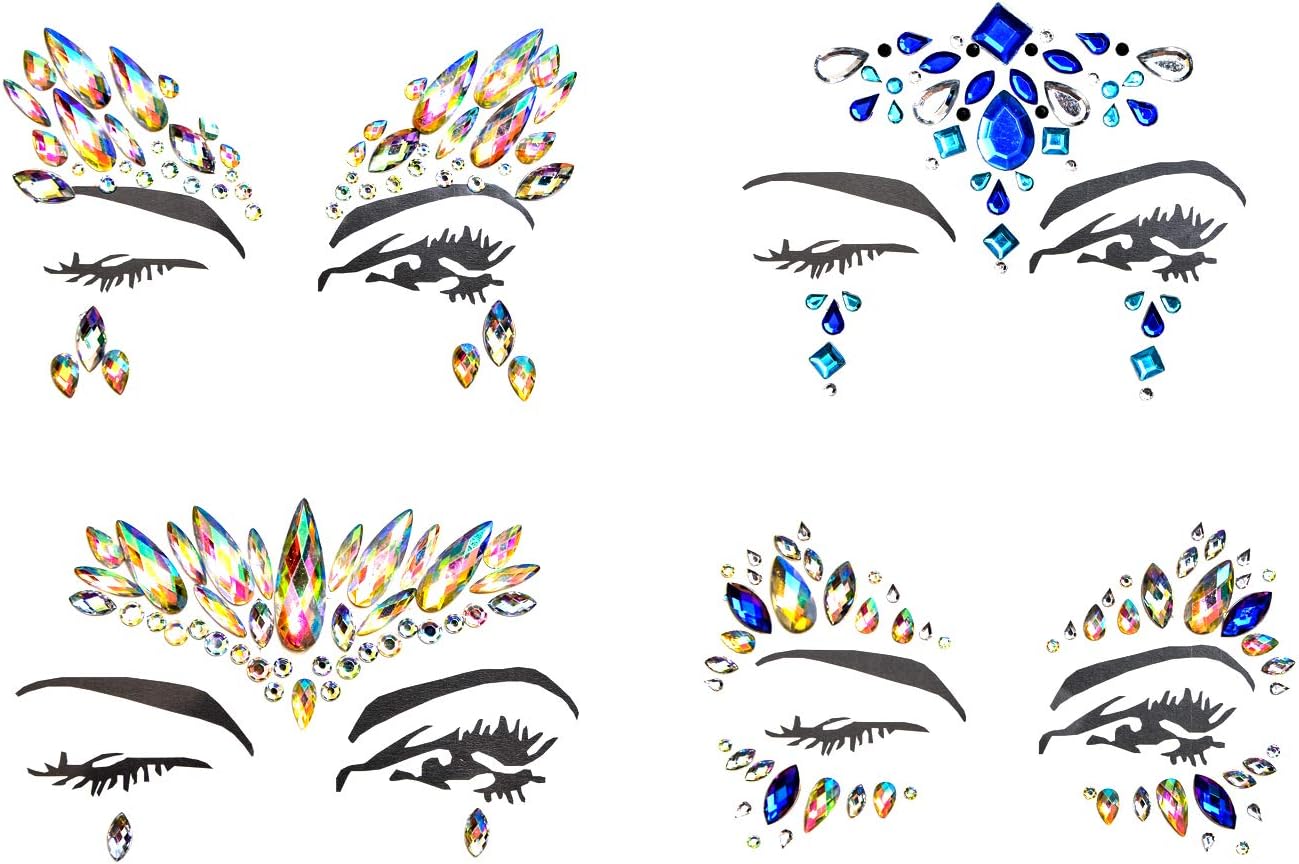 Yolito 4 Pcs Face Gems Jewelry Temporary Sticker Rhinestone Adhesive Multi-Color for Forehead Decorations