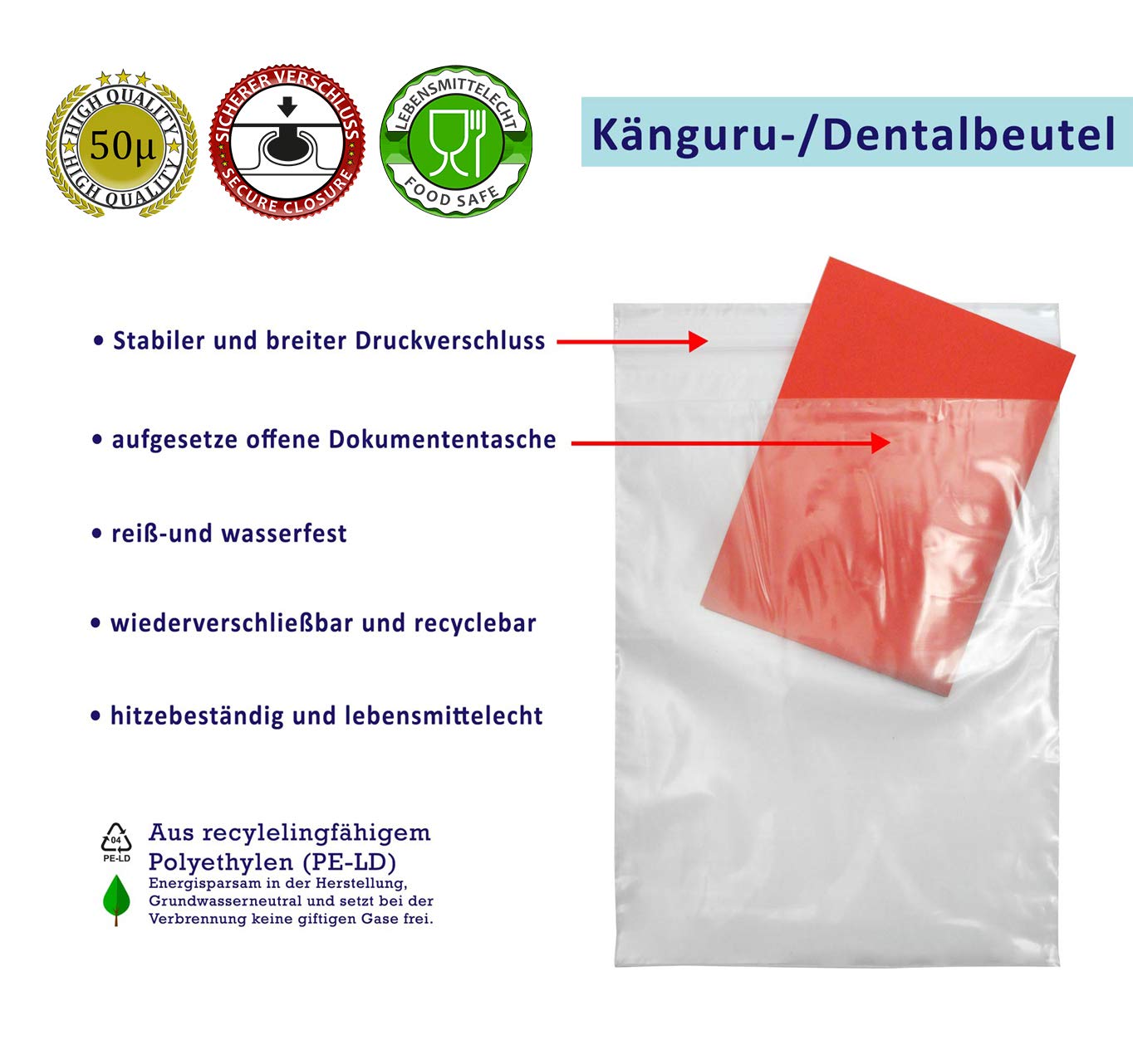 Dental Lot de 100 sachets à fermeture à pression avec porte-documents, 50 µ, 160 x 220 + 200 mm, sacs kangourou, sacs de travail, sacs à fermeture éclair, sacs hygiéniques avec poche