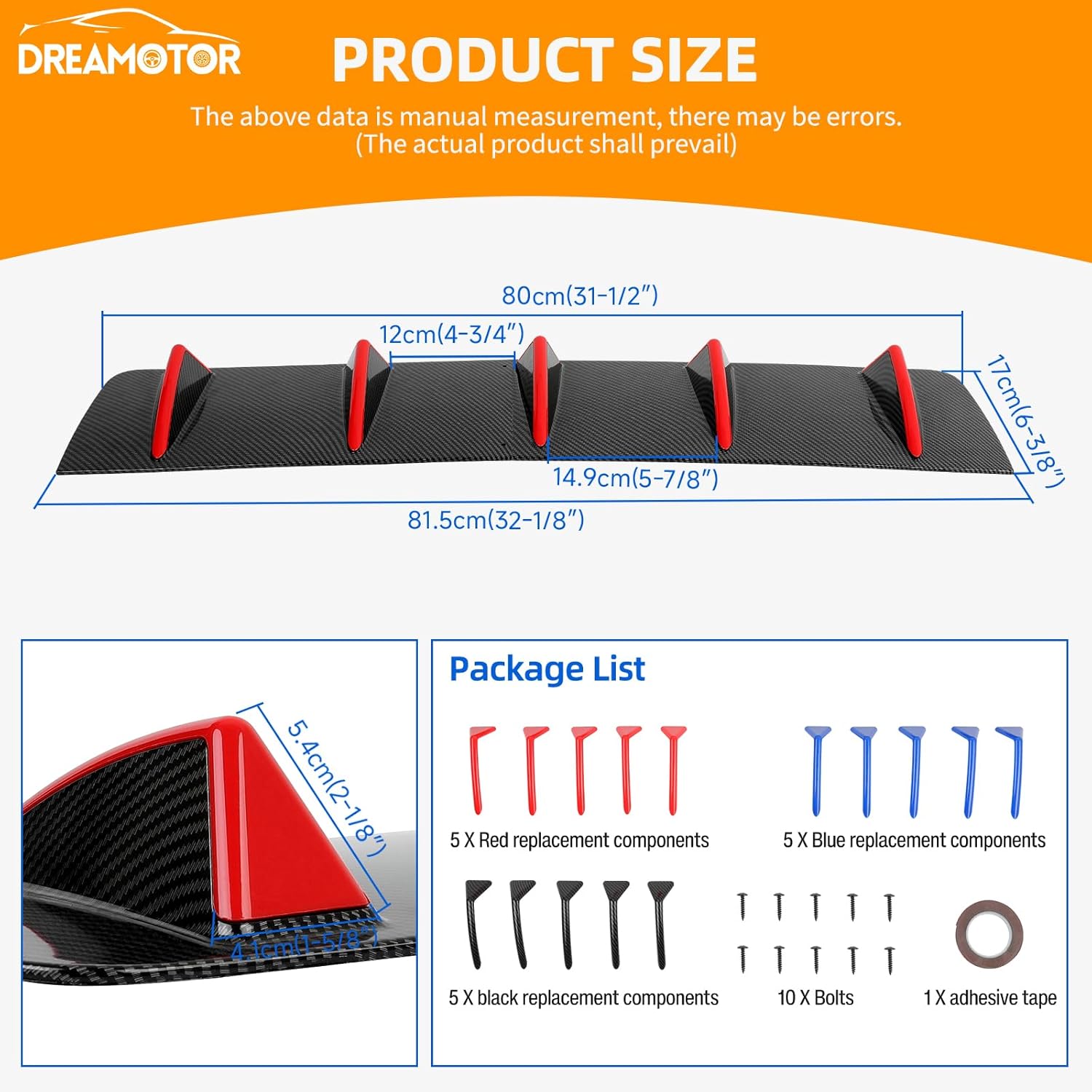 31.5" Universal Rear Diffuser, 3 Colors-Upgraded Detachable Shark Fins Rear Bumper Diffuser Lip Compatible with Honda Civic Accord VW Lexus Dodge Charger Toyota Corolla Nissan Altima Audi