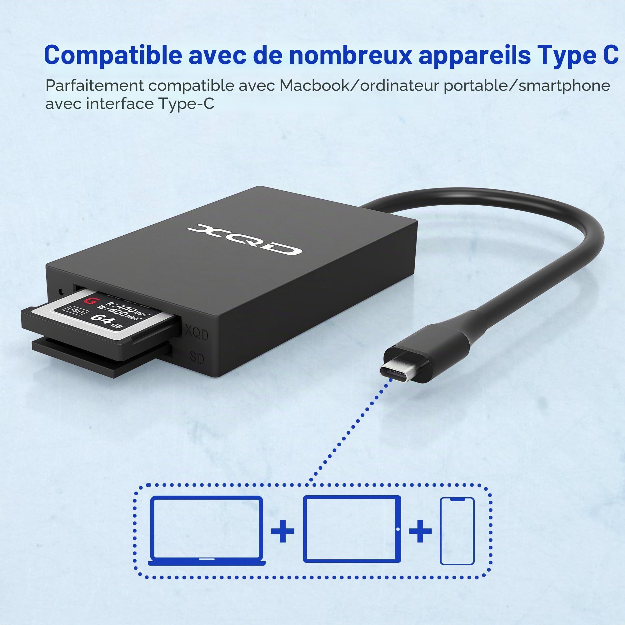 Lecteur carte XQD USB C SD/XQD Lecteur de carte mémoire - 5Gpbs Super Speed ​​Support Sony G/M Series, Lexar 2933x/1400x USB Mark XQD Card, carte SD pour Windows/Mac OS, Adaptateur carte XQD/SD Type C