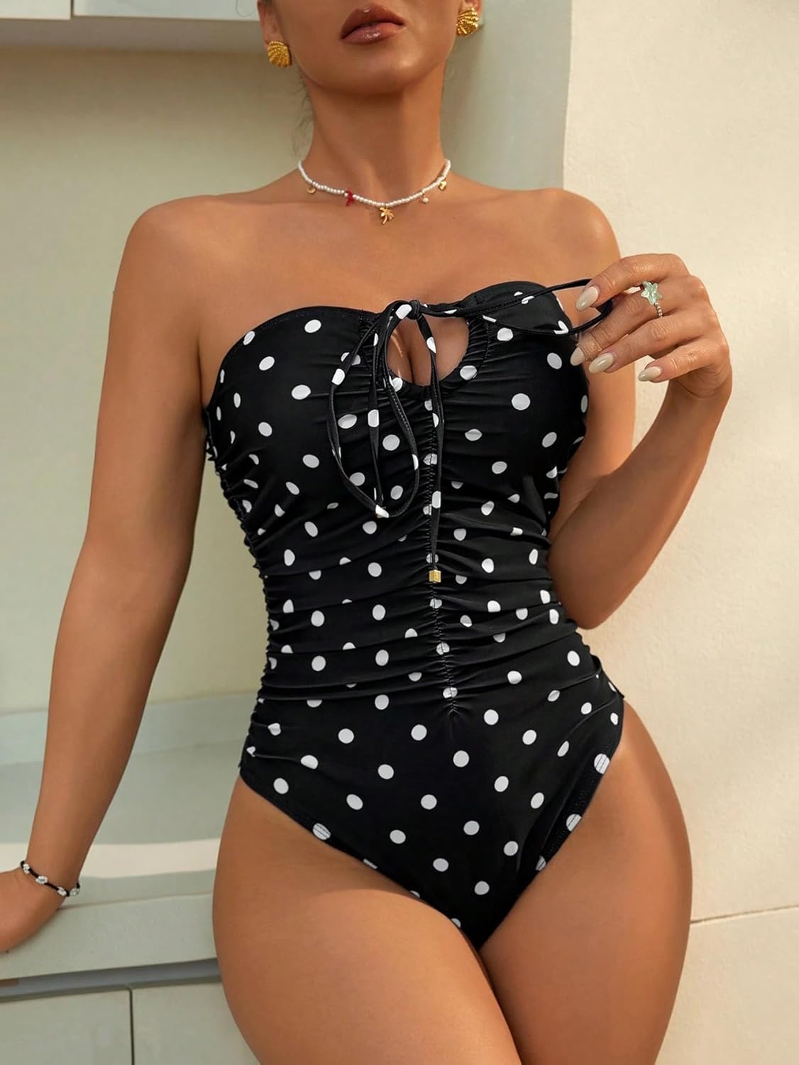 Womens Backless Colorblock Polka Dot Monokini Swimsuit Casual One-Piece Beachwear for Summer Vacation