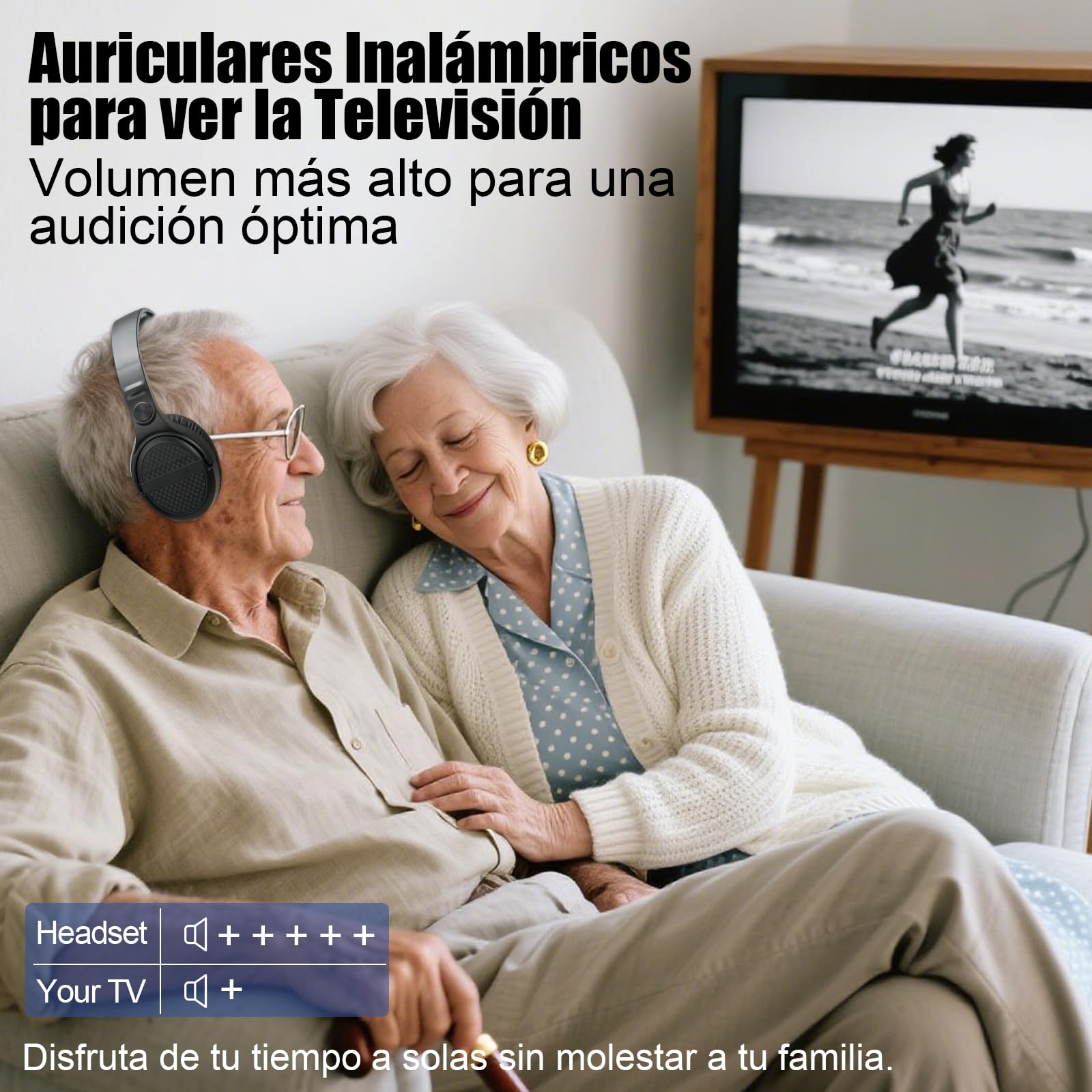 Auriculares Inalámbricos para TV con Base Transmisora de Carga, Auriculares Inalámbricos para ver la TV, Botones Grandes y Amplificación de Sonido para Personas Mayores, Auriculares Ligeros y Cómodos